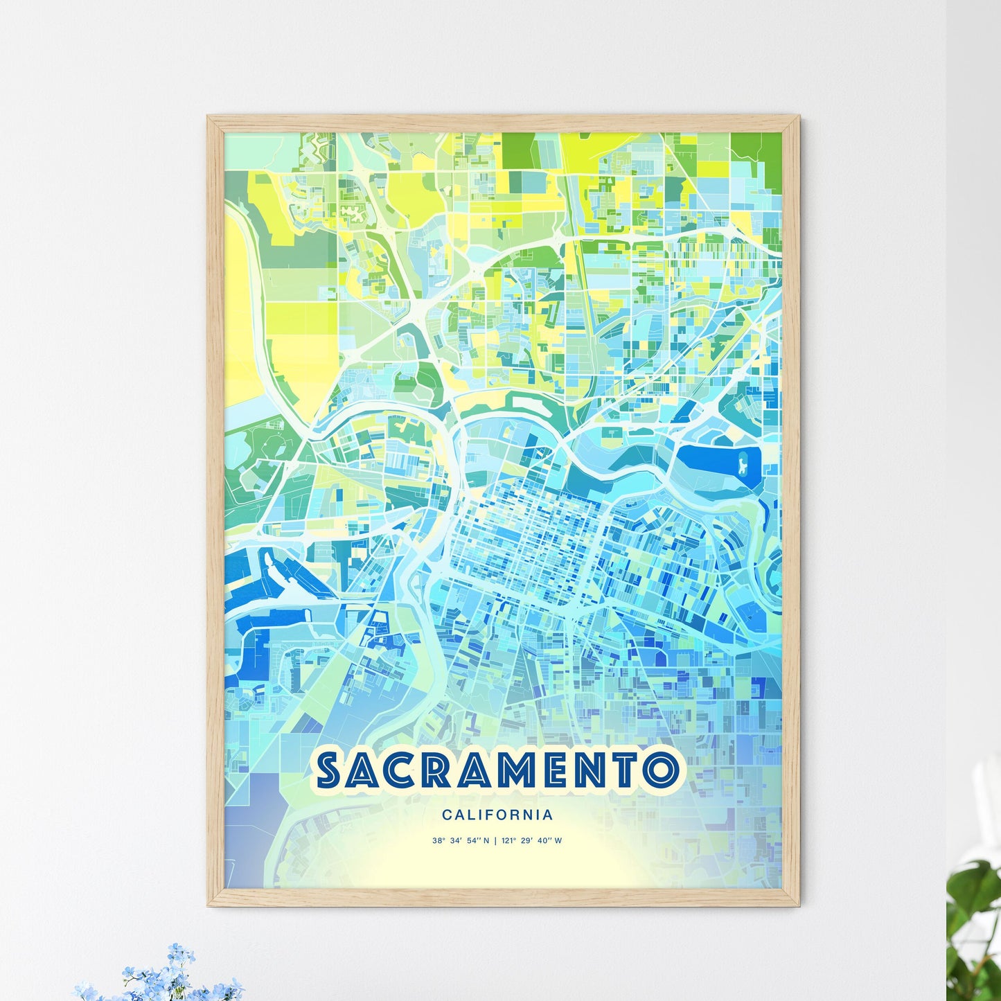 Colorful Sacramento California Fine Art Map Cool Blue