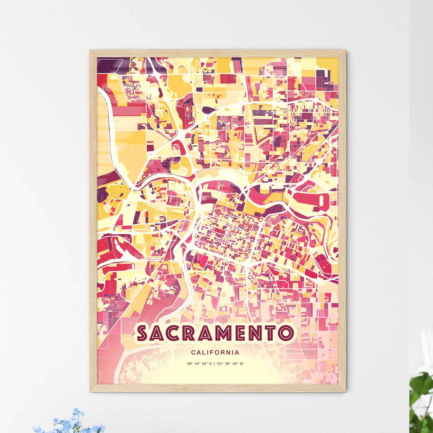 Colorful Sacramento California Fine Art Map Hot Red