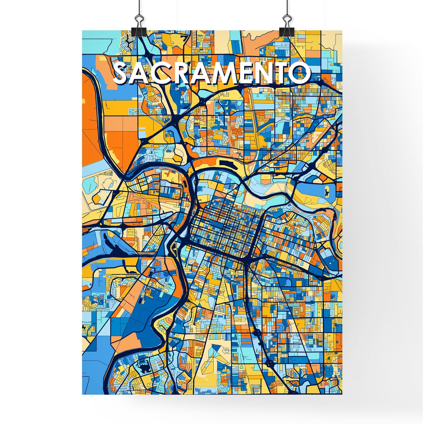 SACRAMENTO CALIFORNIA Vibrant Colorful Art Map Poster Blue Orange