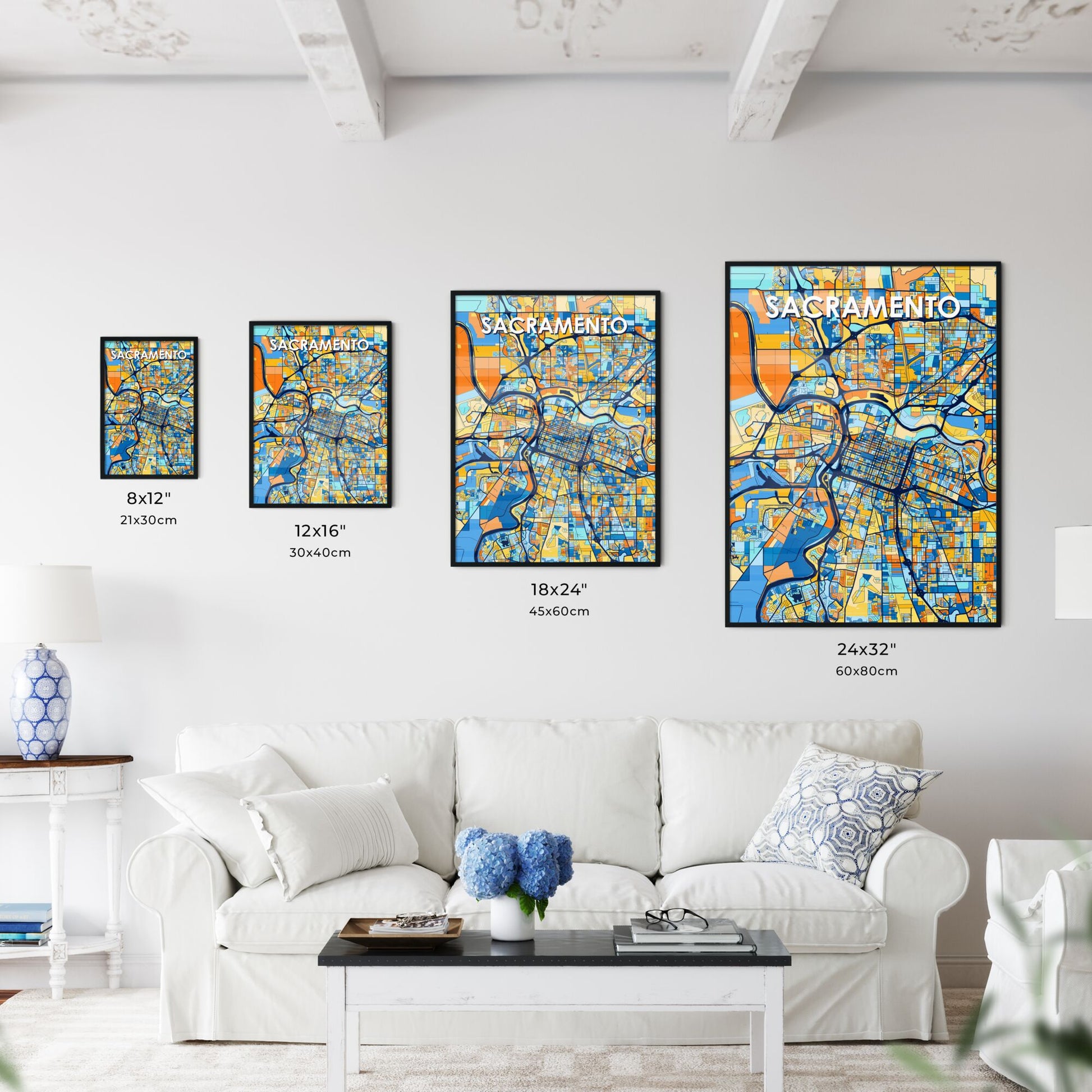 SACRAMENTO CALIFORNIA Vibrant Colorful Art Map Poster Blue Orange