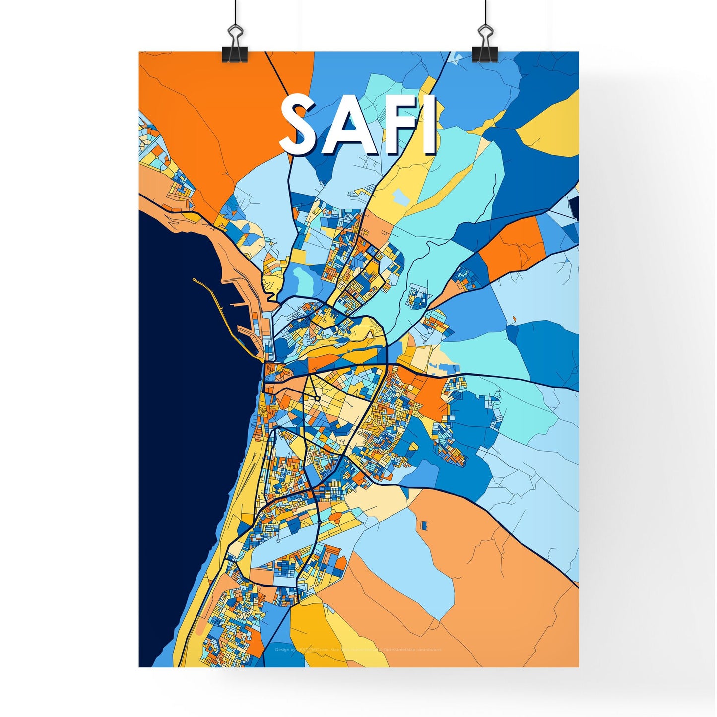 SAFI MOROCCO Vibrant Colorful Art Map Poster Blue Orange