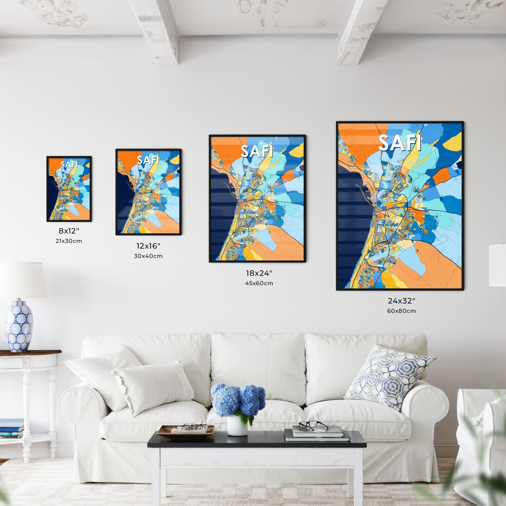 SAFI MOROCCO Vibrant Colorful Art Map Poster Blue Orange