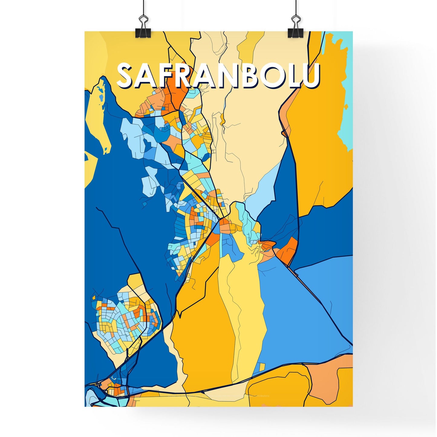 SAFRANBOLU TURKEY Vibrant Colorful Art Map Poster Blue Orange