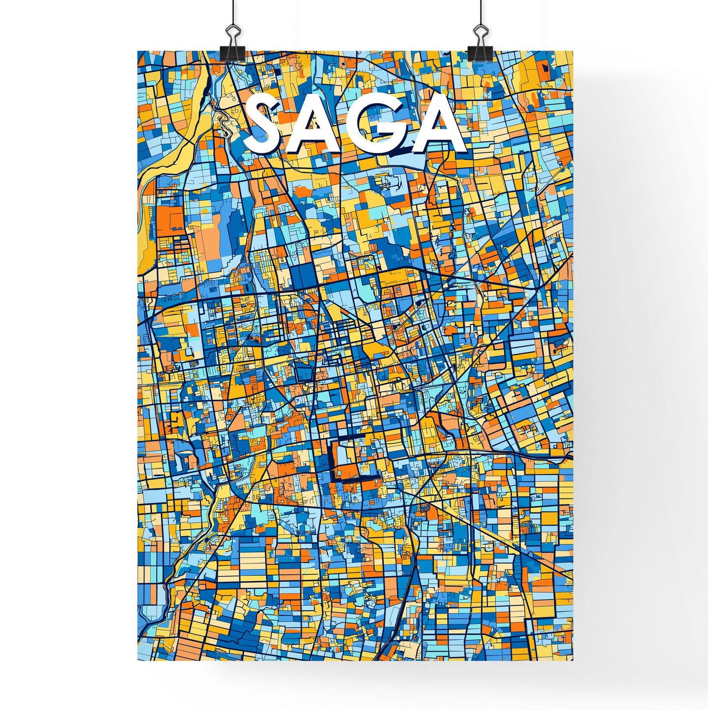 SAGA JAPAN Vibrant Colorful Art Map Poster Blue Orange