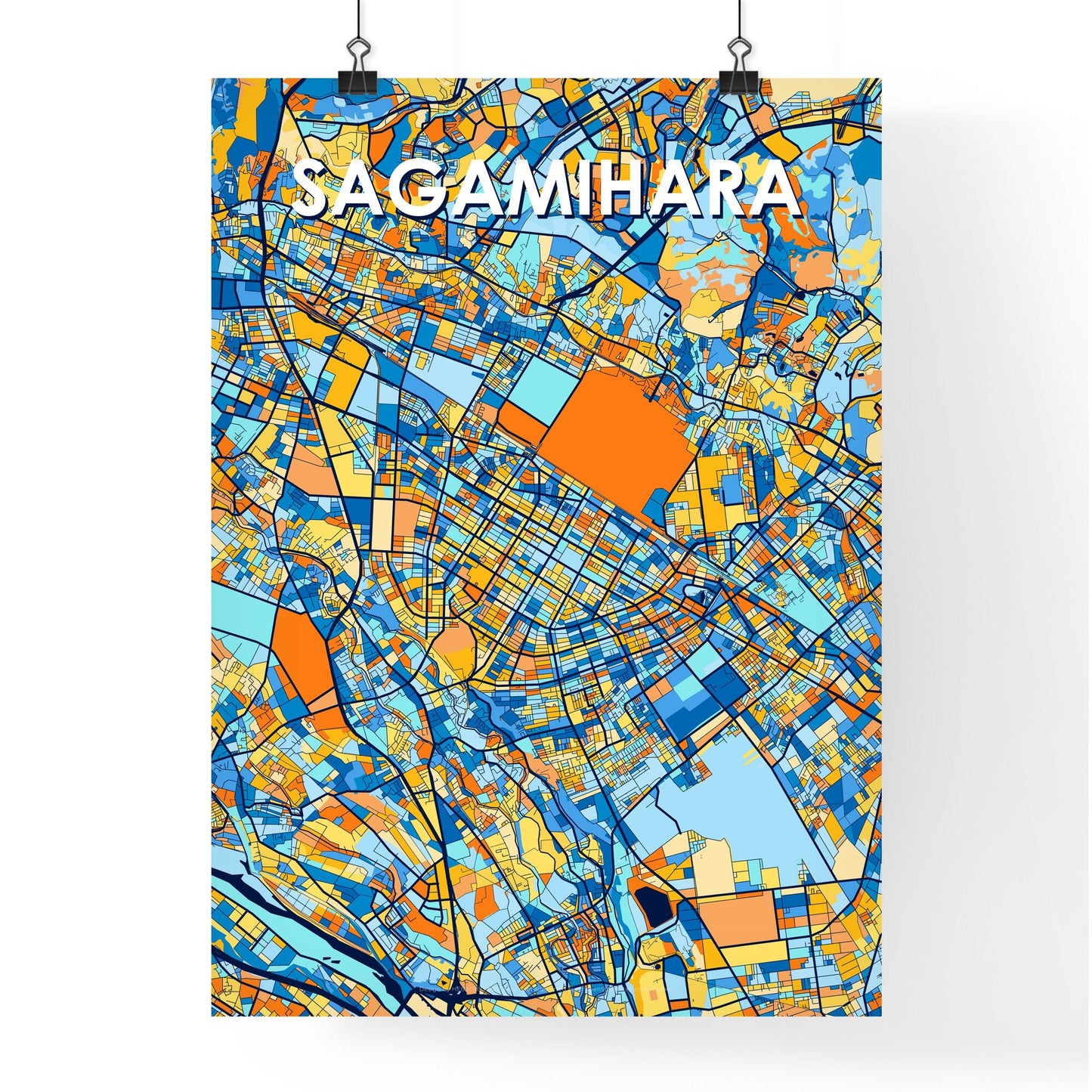 SAGAMIHARA JAPAN Vibrant Colorful Art Map Poster Blue Orange