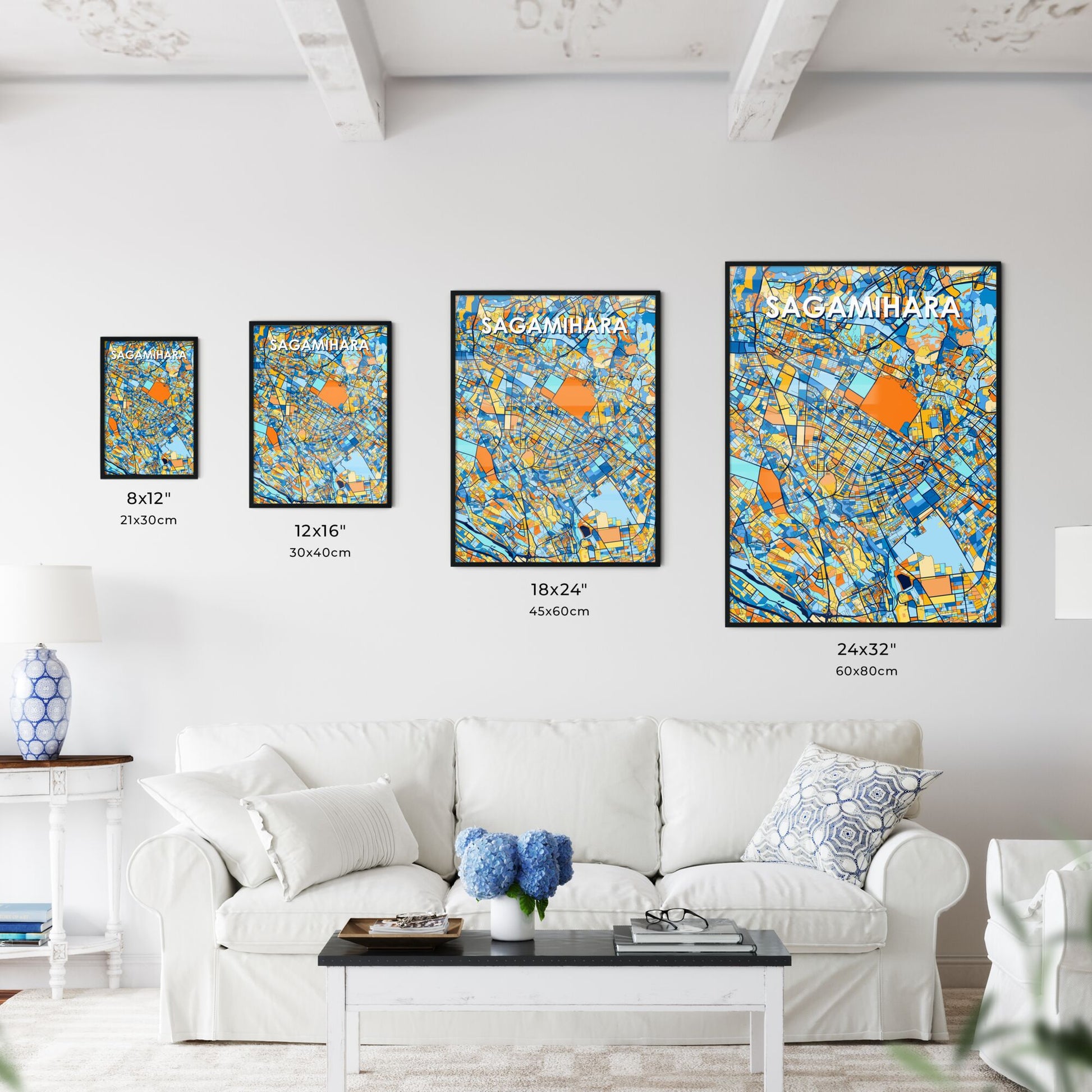 SAGAMIHARA JAPAN Vibrant Colorful Art Map Poster Blue Orange