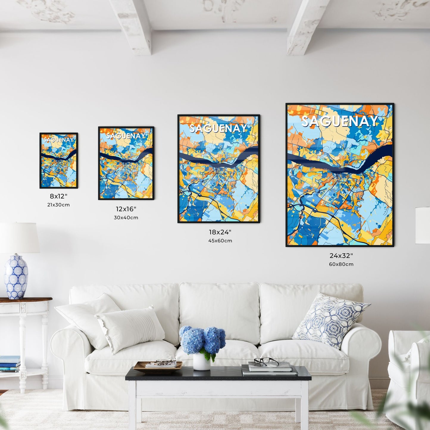 SAGUENAY CANADA Vibrant Colorful Art Map Poster Blue Orange