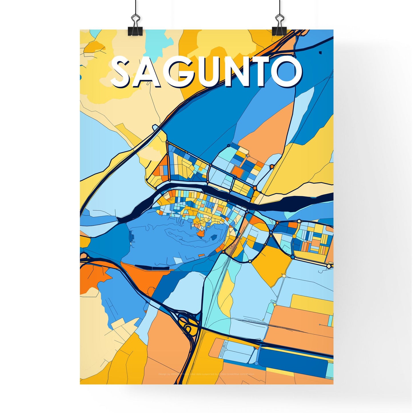 SAGUNTO SPAIN Vibrant Colorful Art Map Poster Blue Orange