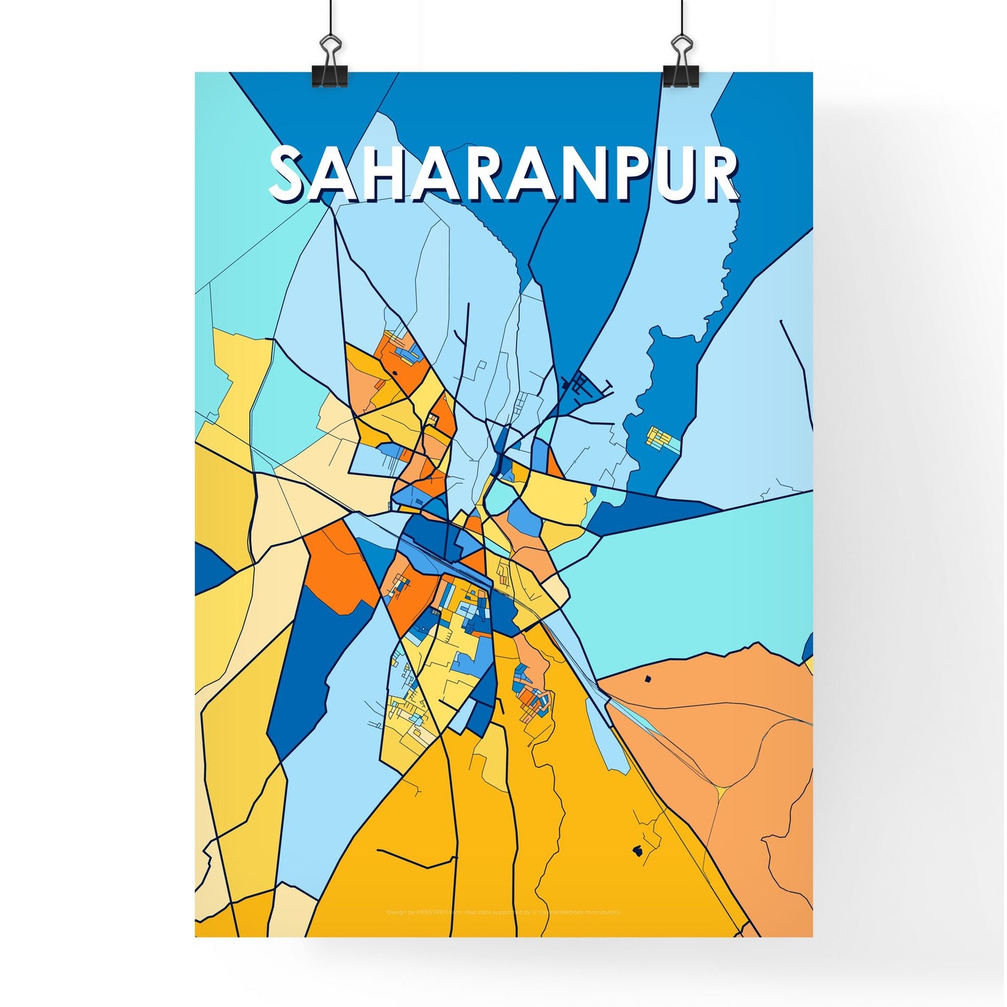 SAHARANPUR INDIA Vibrant Colorful Art Map Poster Blue Orange