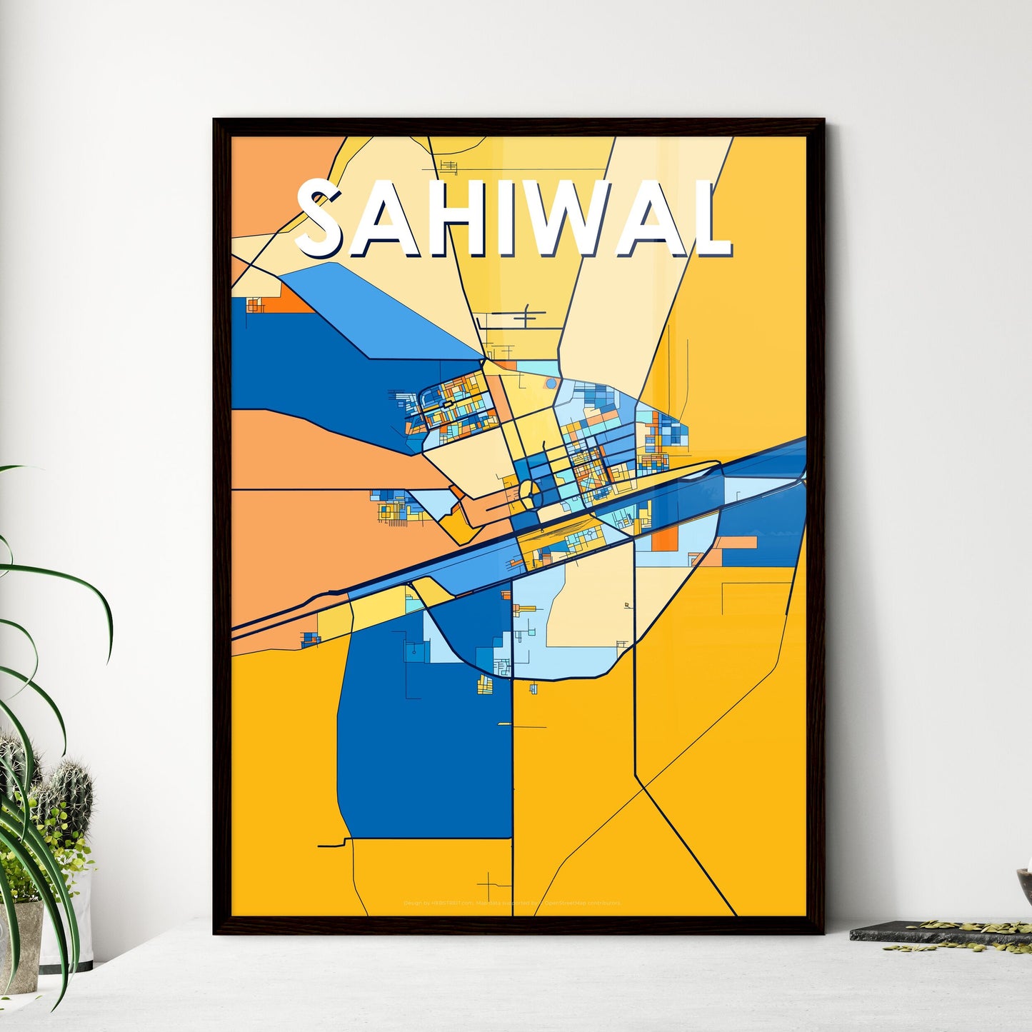 SAHIWAL PAKISTAN Vibrant Colorful Art Map Poster Blue Orange