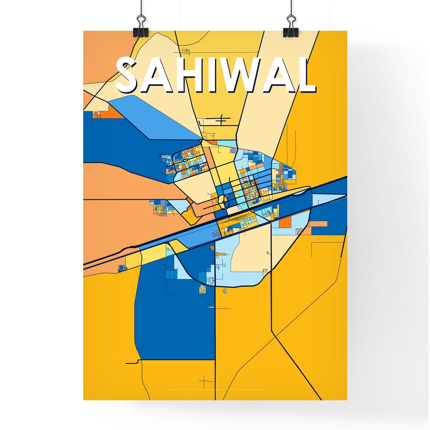 SAHIWAL PAKISTAN Vibrant Colorful Art Map Poster Blue Orange