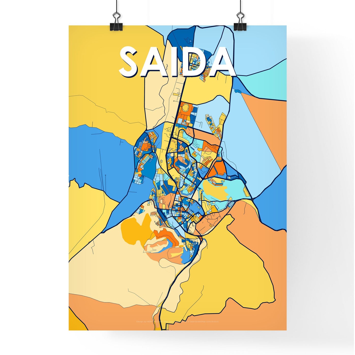 SAIDA ALGERIA Vibrant Colorful Art Map Poster Blue Orange