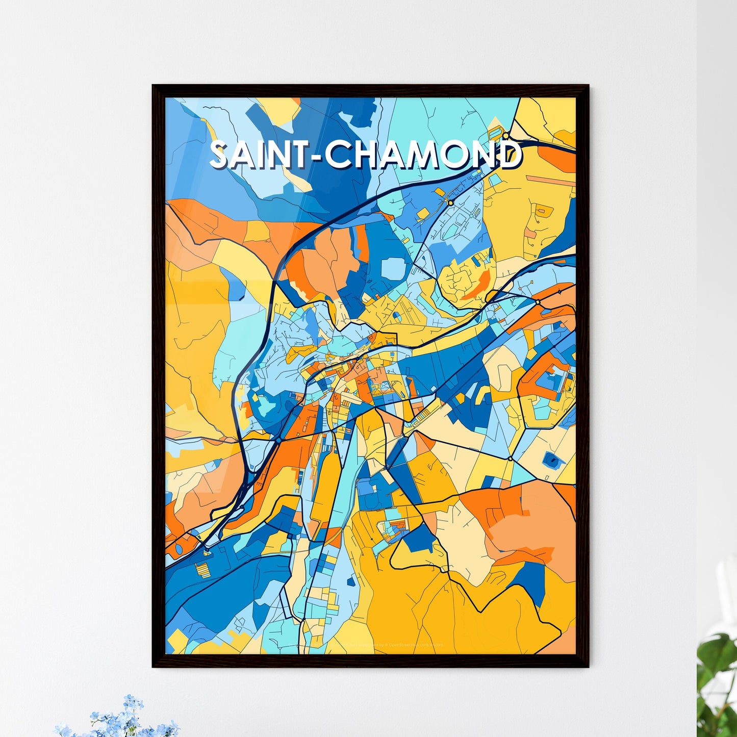 SAINT-CHAMOND FRANCE Vibrant Colorful Art Map Poster Blue Orange