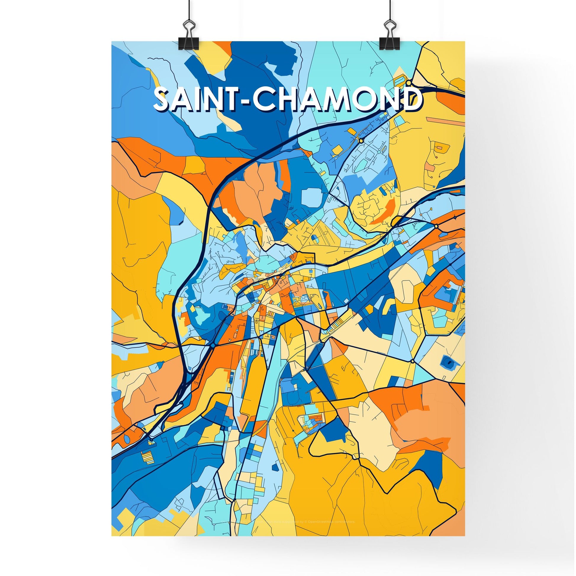 SAINT-CHAMOND FRANCE Vibrant Colorful Art Map Poster Blue Orange