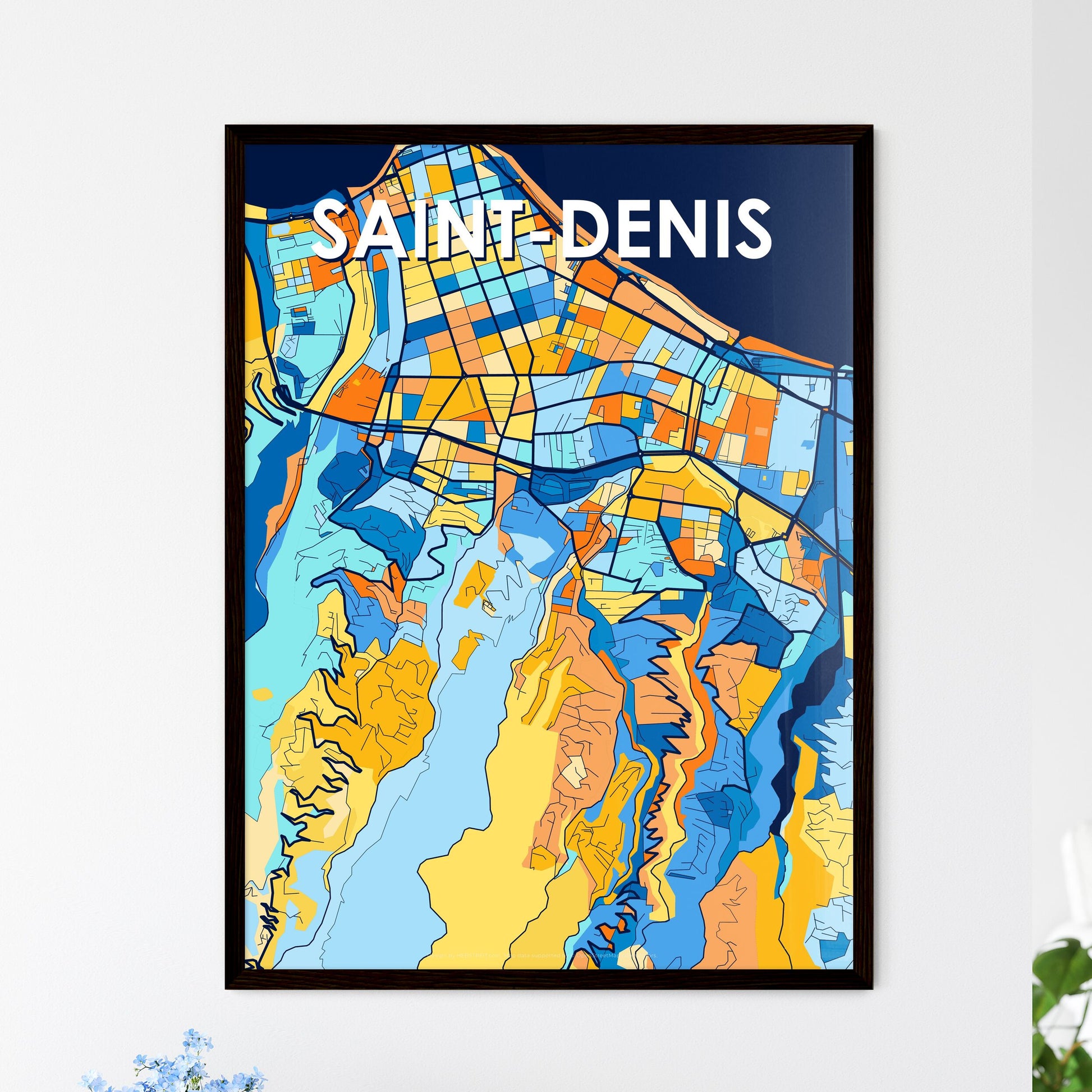 SAINT-DENIS FRANCE Vibrant Colorful Art Map Poster Blue Orange