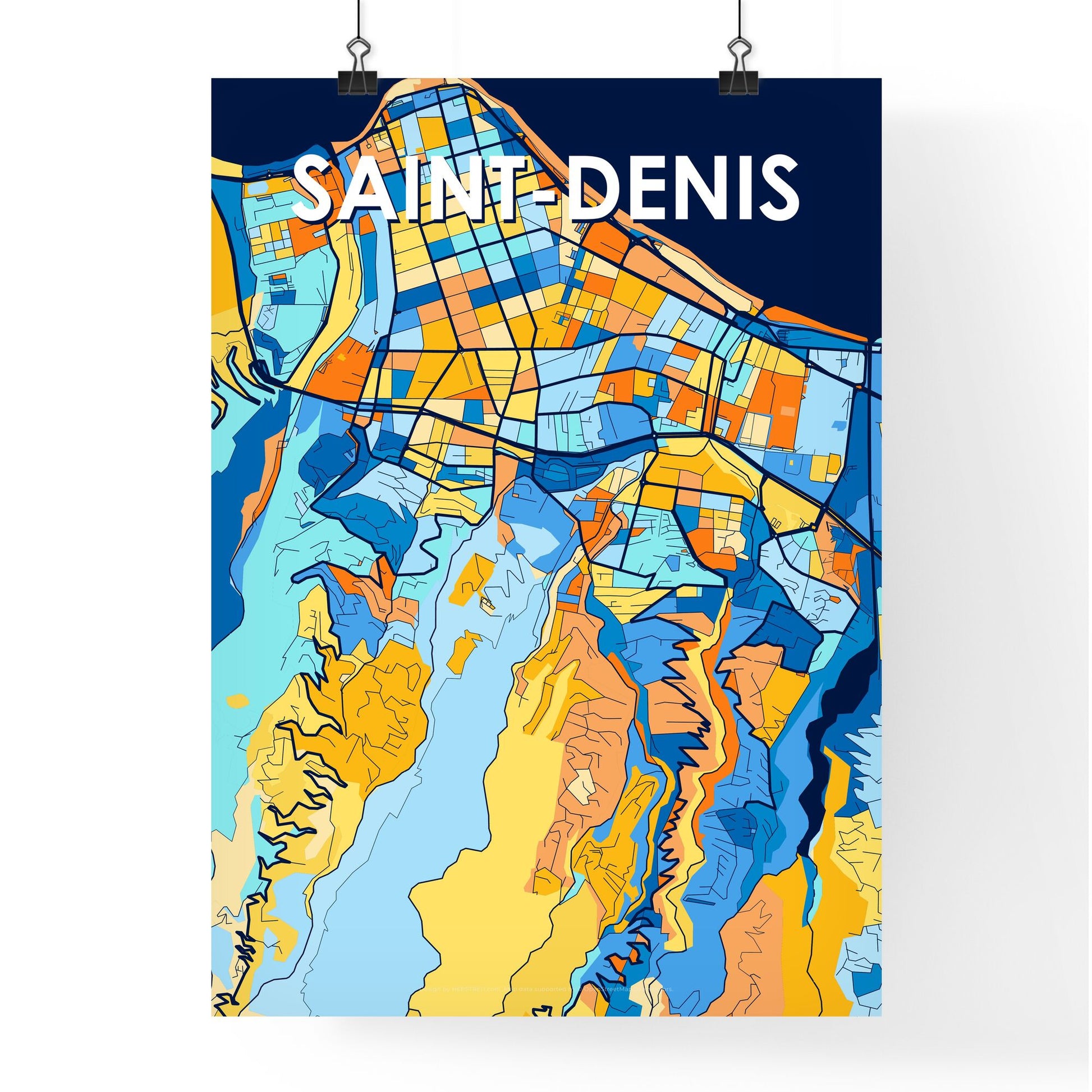 SAINT-DENIS FRANCE Vibrant Colorful Art Map Poster Blue Orange