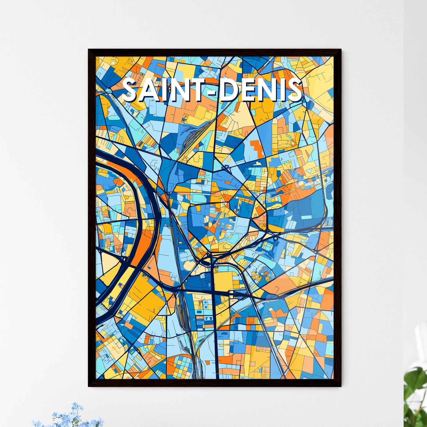 SAINT-DENIS FRANCE Vibrant Colorful Art Map Poster Blue Orange