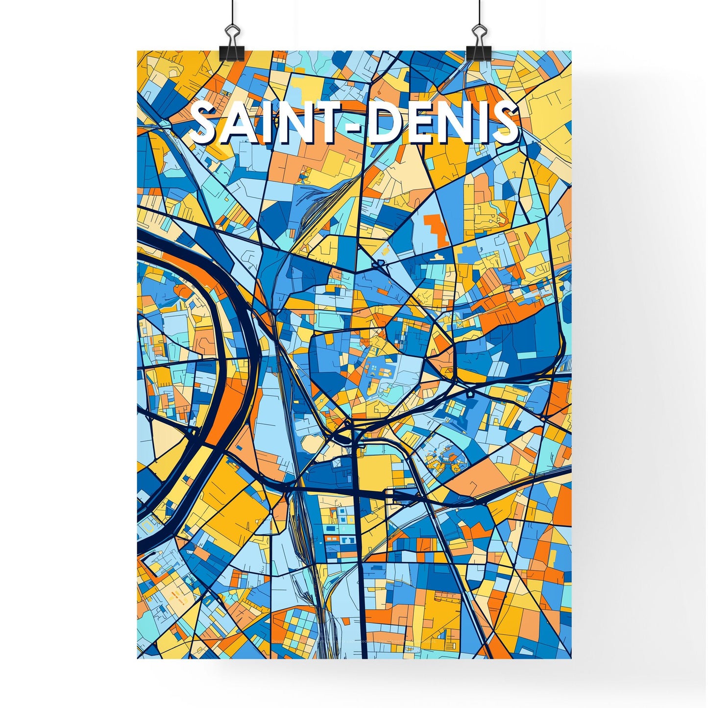 SAINT-DENIS FRANCE Vibrant Colorful Art Map Poster Blue Orange