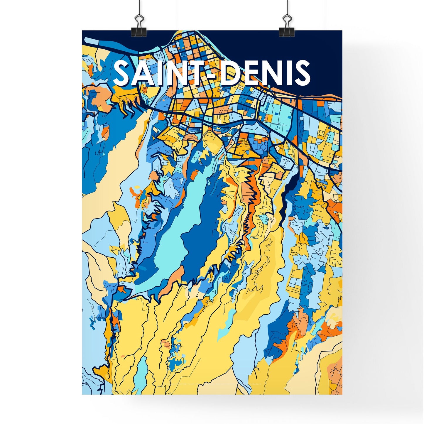 SAINT-DENIS REUNION Vibrant Colorful Art Map Poster Blue Orange