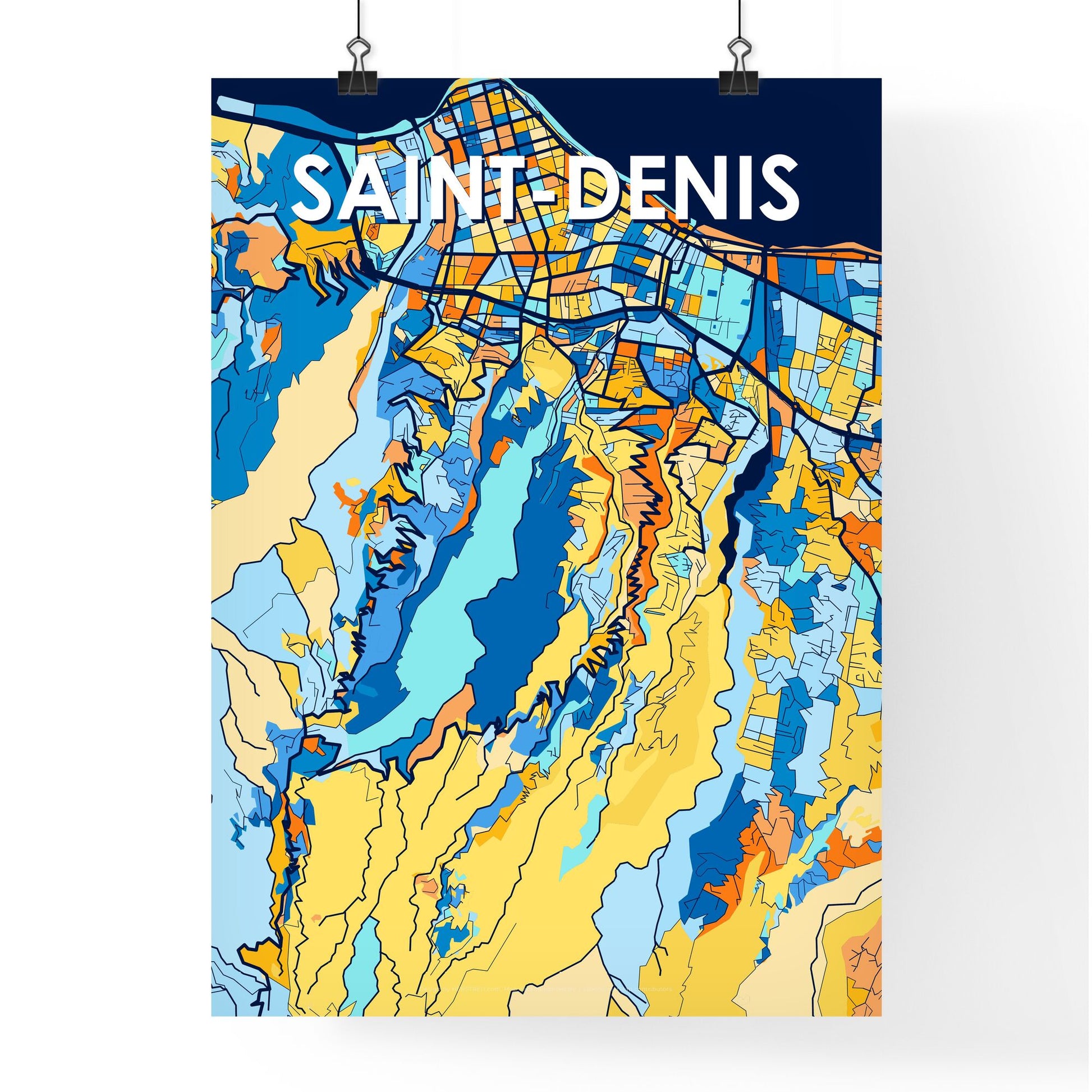 SAINT-DENIS REUNION Vibrant Colorful Art Map Poster Blue Orange