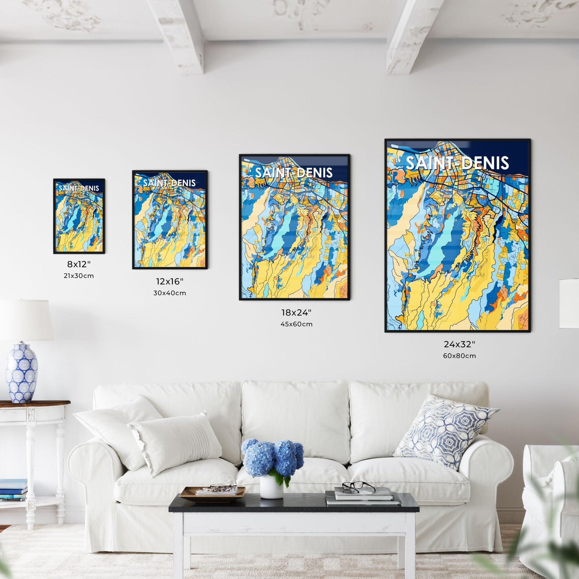 SAINT-DENIS REUNION Vibrant Colorful Art Map Poster Blue Orange