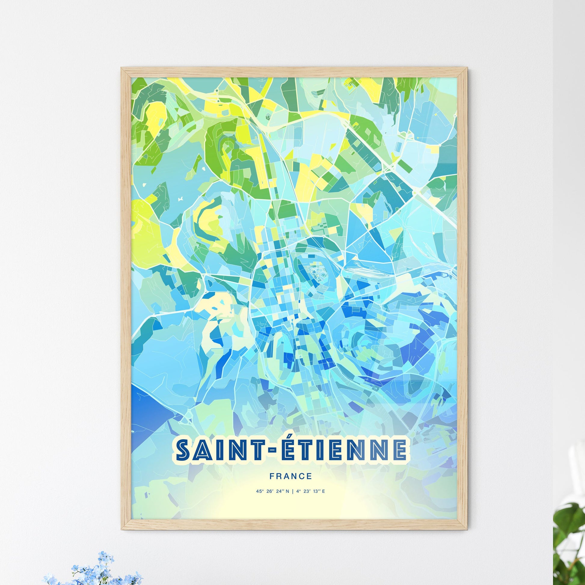Colorful Saint-Étienne France Fine Art Map Cool Blue