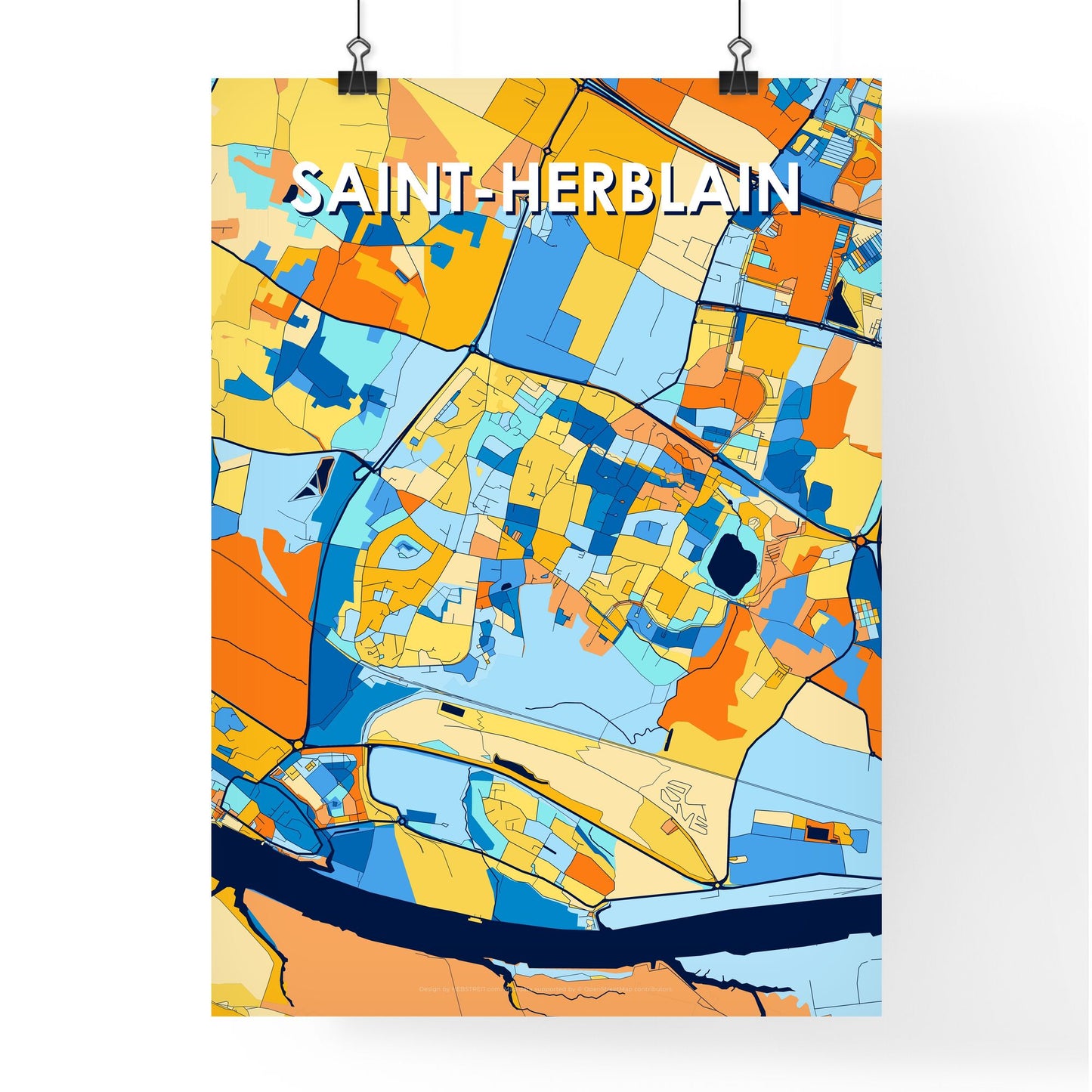 SAINT-HERBLAIN FRANCE Vibrant Colorful Art Map Poster Blue Orange