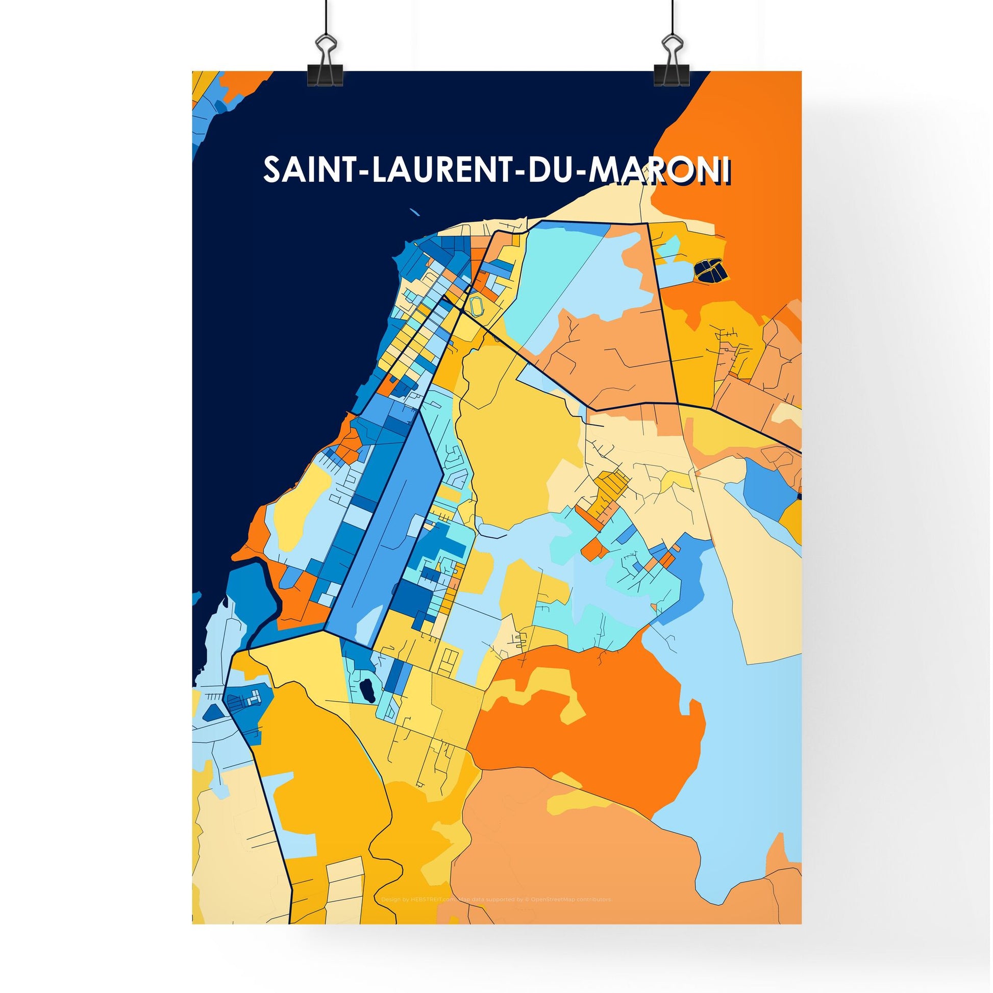 SAINT-LAURENT-DU-MARONI FRANCE Vibrant Colorful Art Map Poster Blue Orange