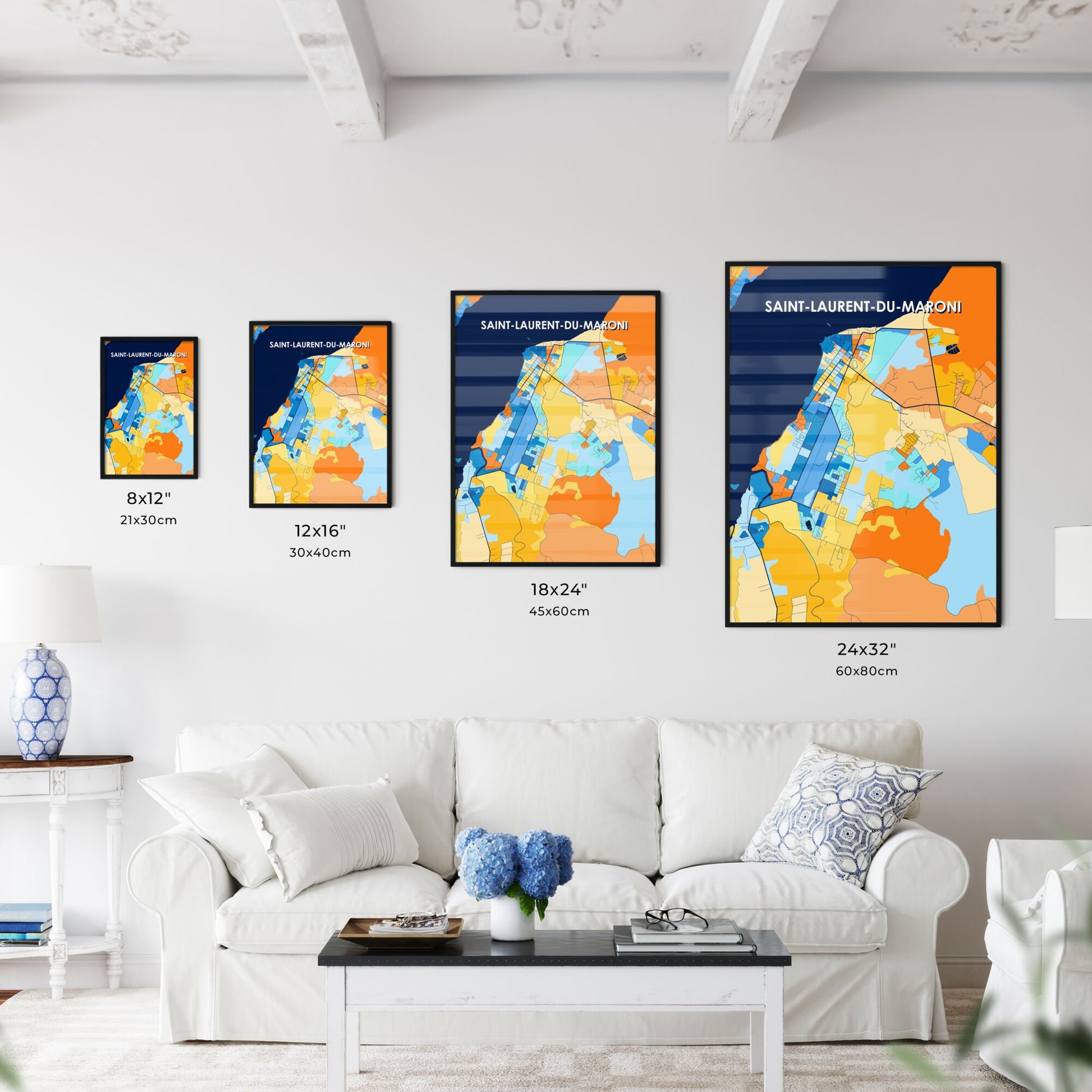 SAINT-LAURENT-DU-MARONI FRANCE Vibrant Colorful Art Map Poster Blue Orange