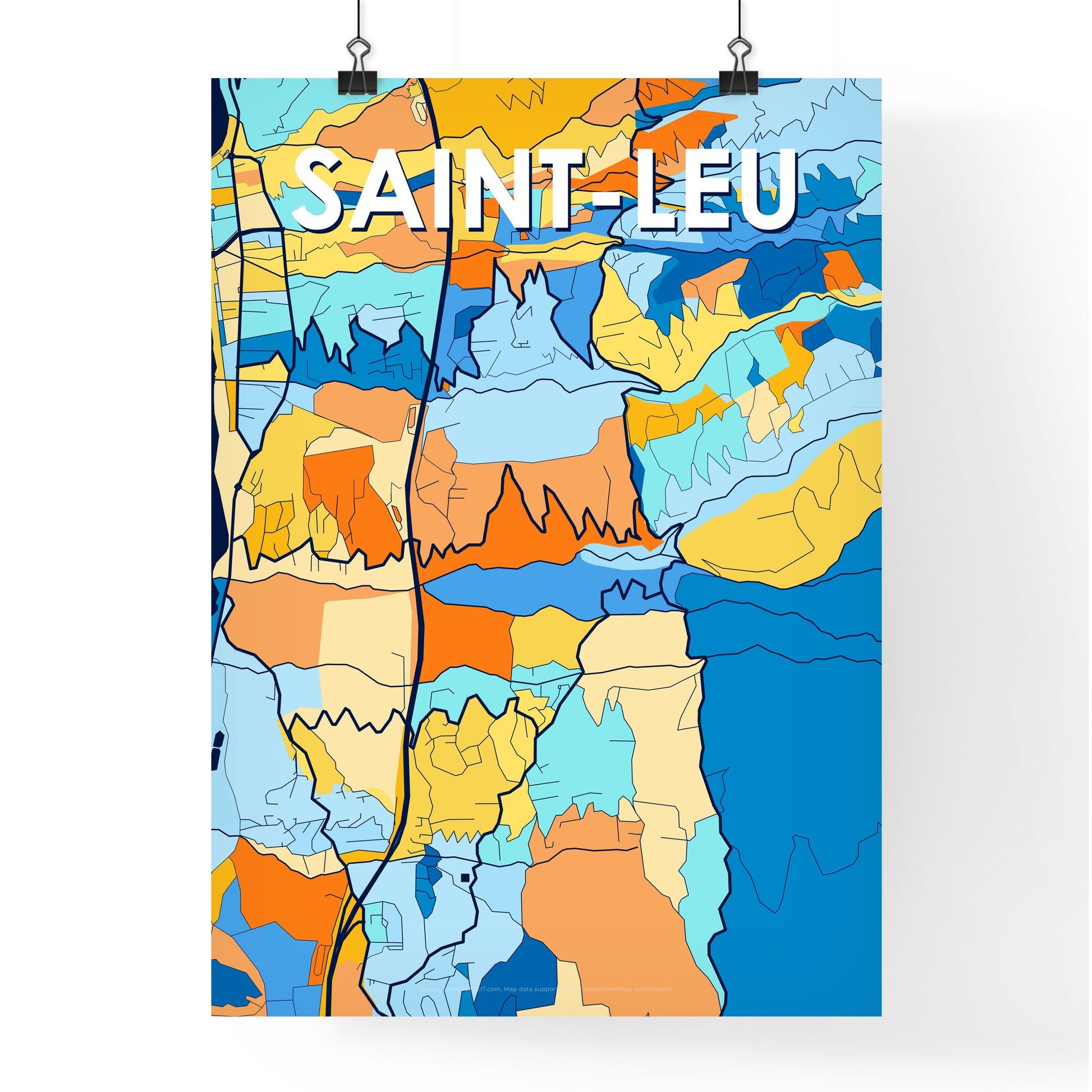 SAINT-LEU FRANCE Vibrant Colorful Art Map Poster Blue Orange