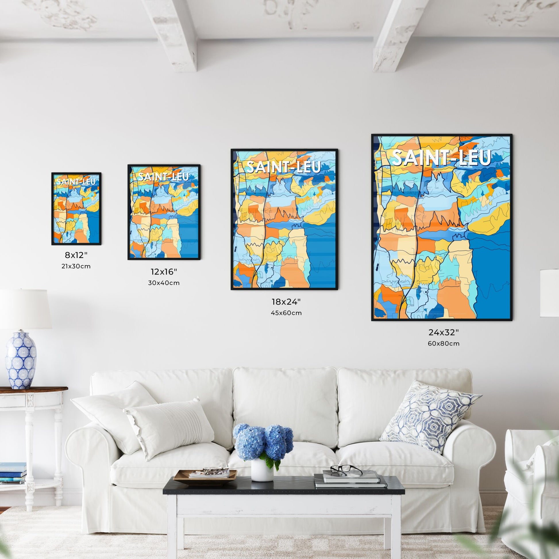 SAINT-LEU FRANCE Vibrant Colorful Art Map Poster Blue Orange