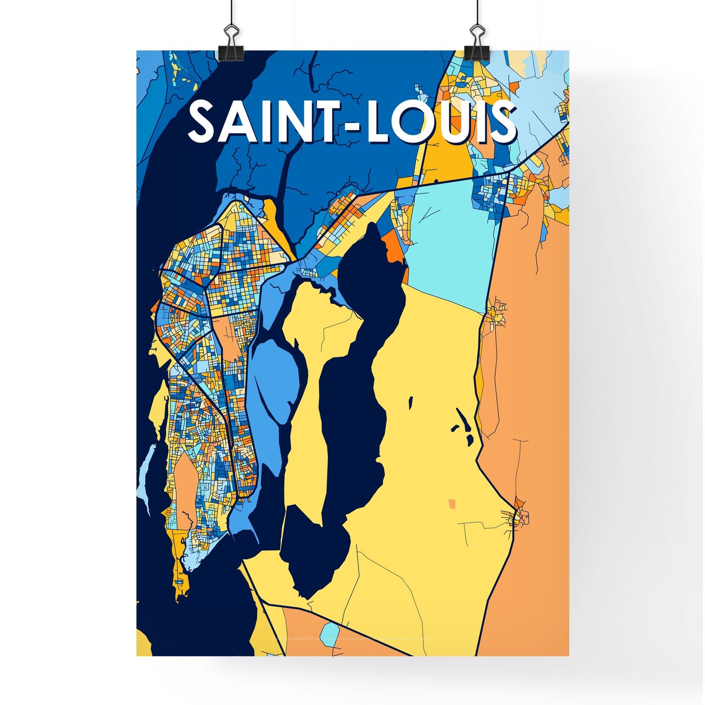 SAINT-LOUIS SENEGAL Vibrant Colorful Art Map Poster Blue Orange