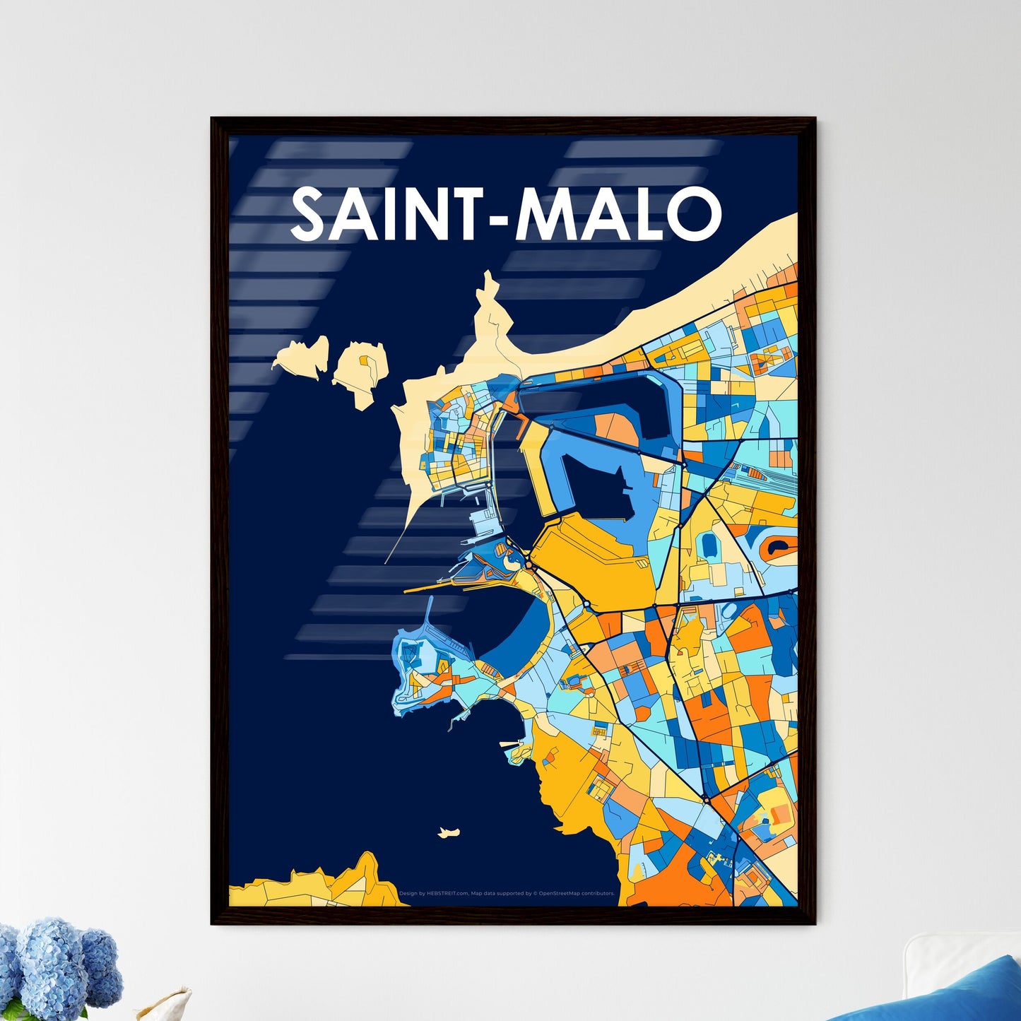 SAINT-MALO FRANCE Vibrant Colorful Art Map Poster Blue Orange