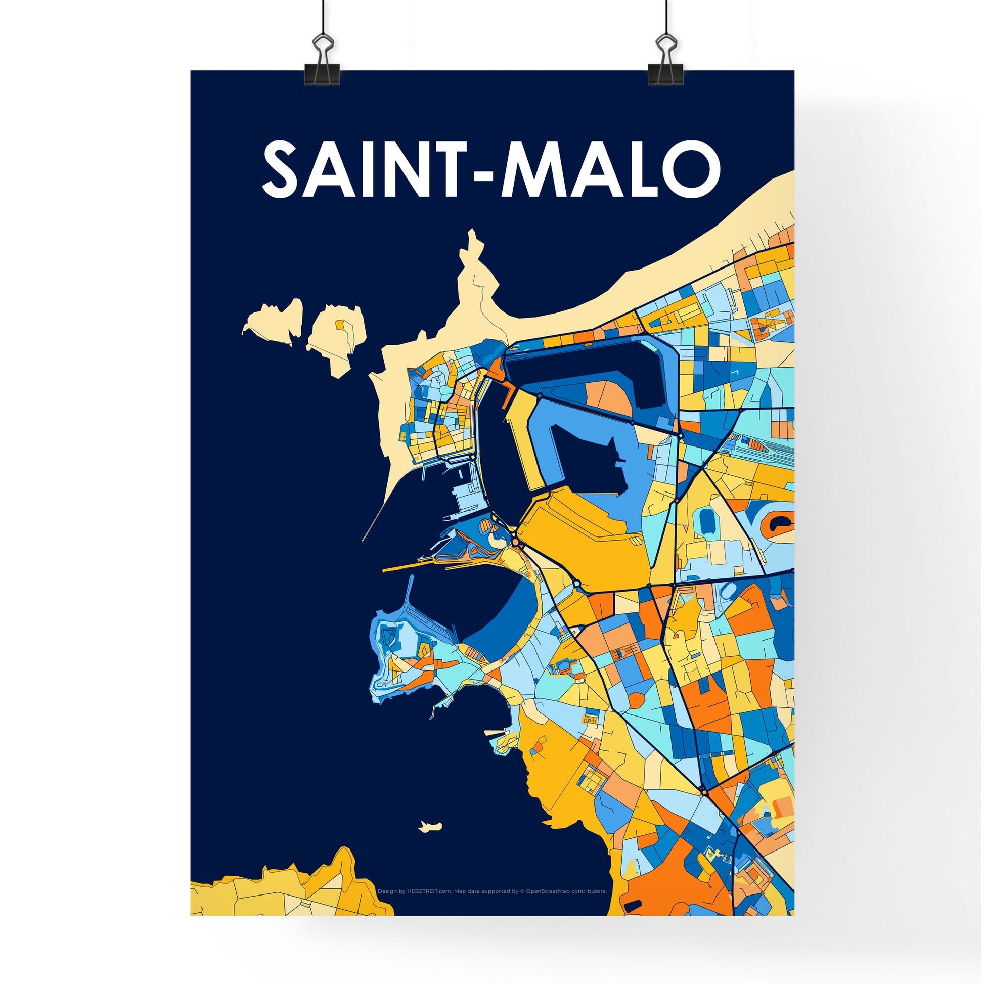 SAINT-MALO FRANCE Vibrant Colorful Art Map Poster Blue Orange