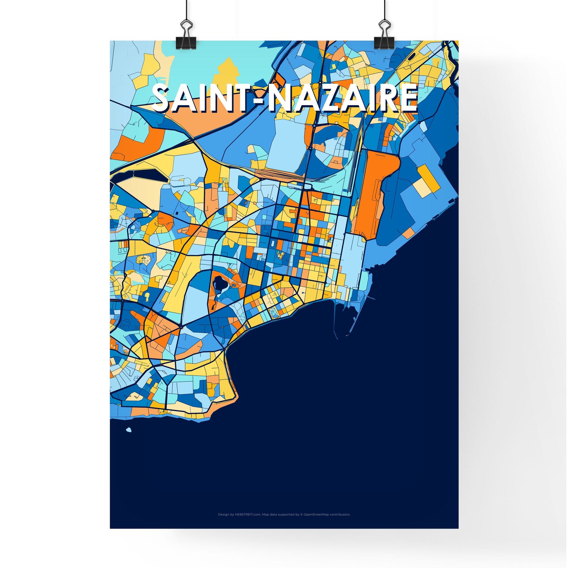 SAINT-NAZAIRE FRANCE Vibrant Colorful Art Map Poster Blue Orange