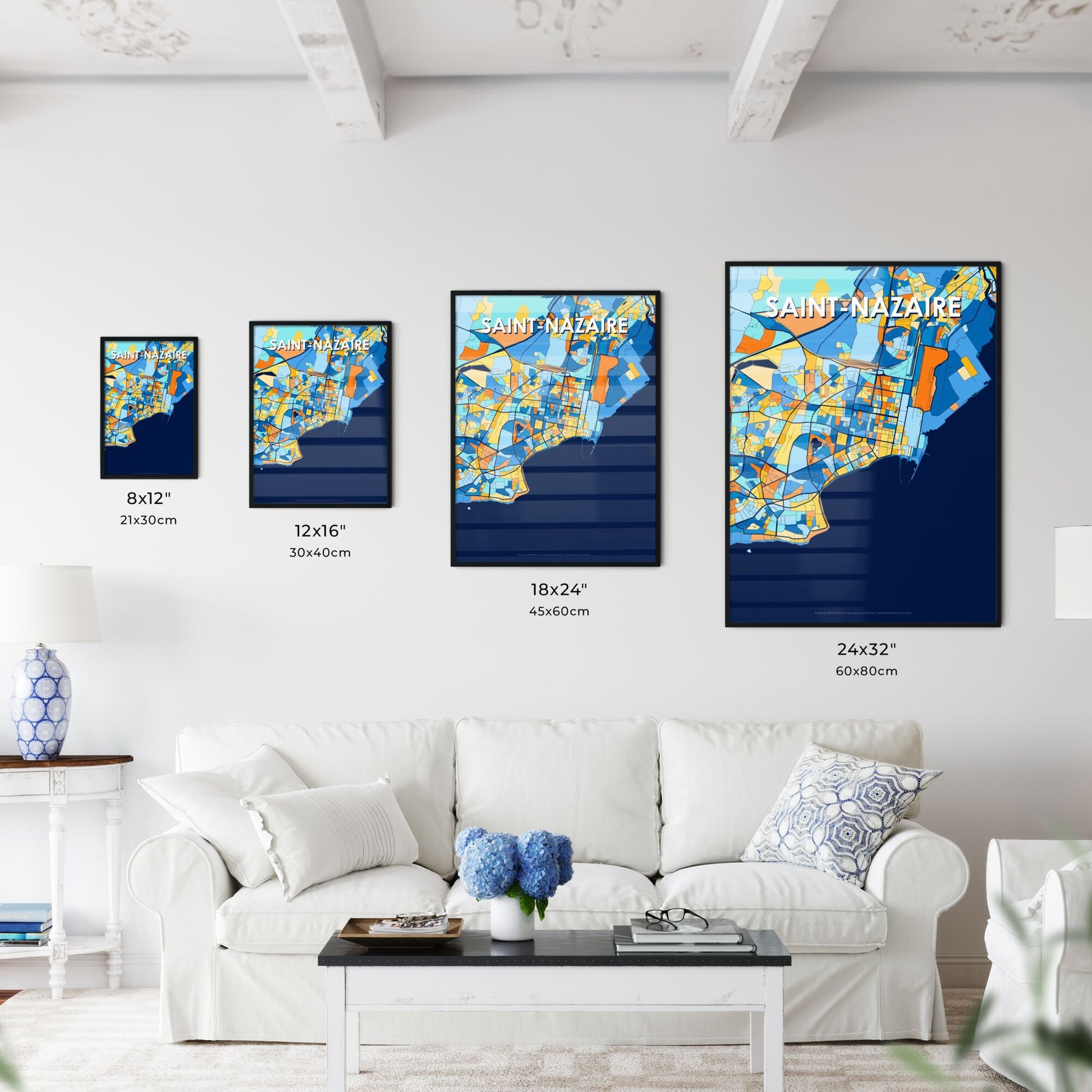 SAINT-NAZAIRE FRANCE Vibrant Colorful Art Map Poster Blue Orange