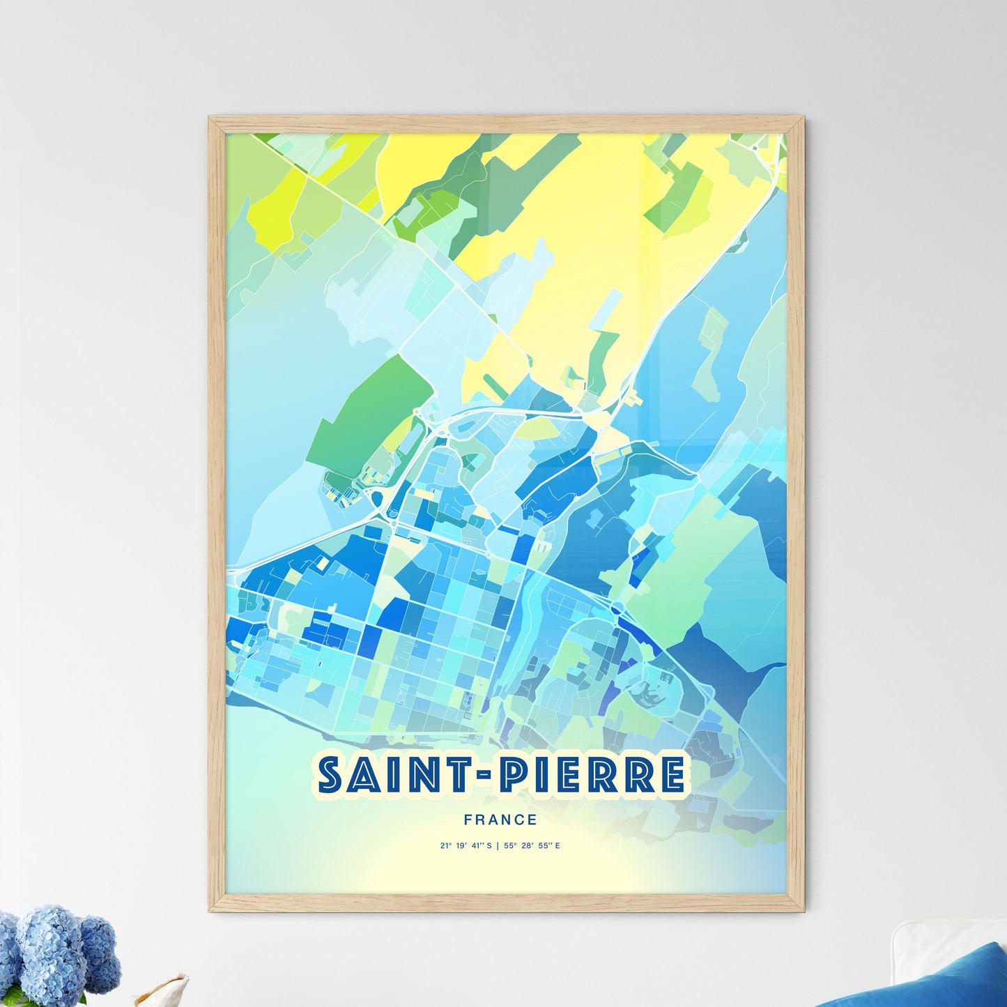 Colorful Saint-Pierre France Fine Art Map Cool Blue