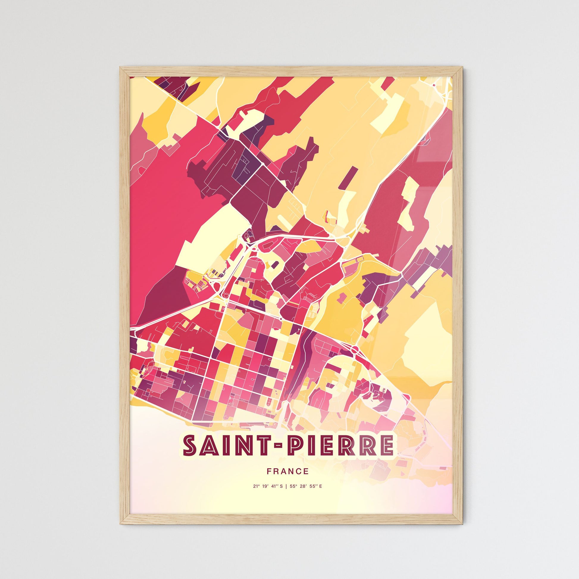 Colorful Saint-Pierre France Fine Art Map Hot Red