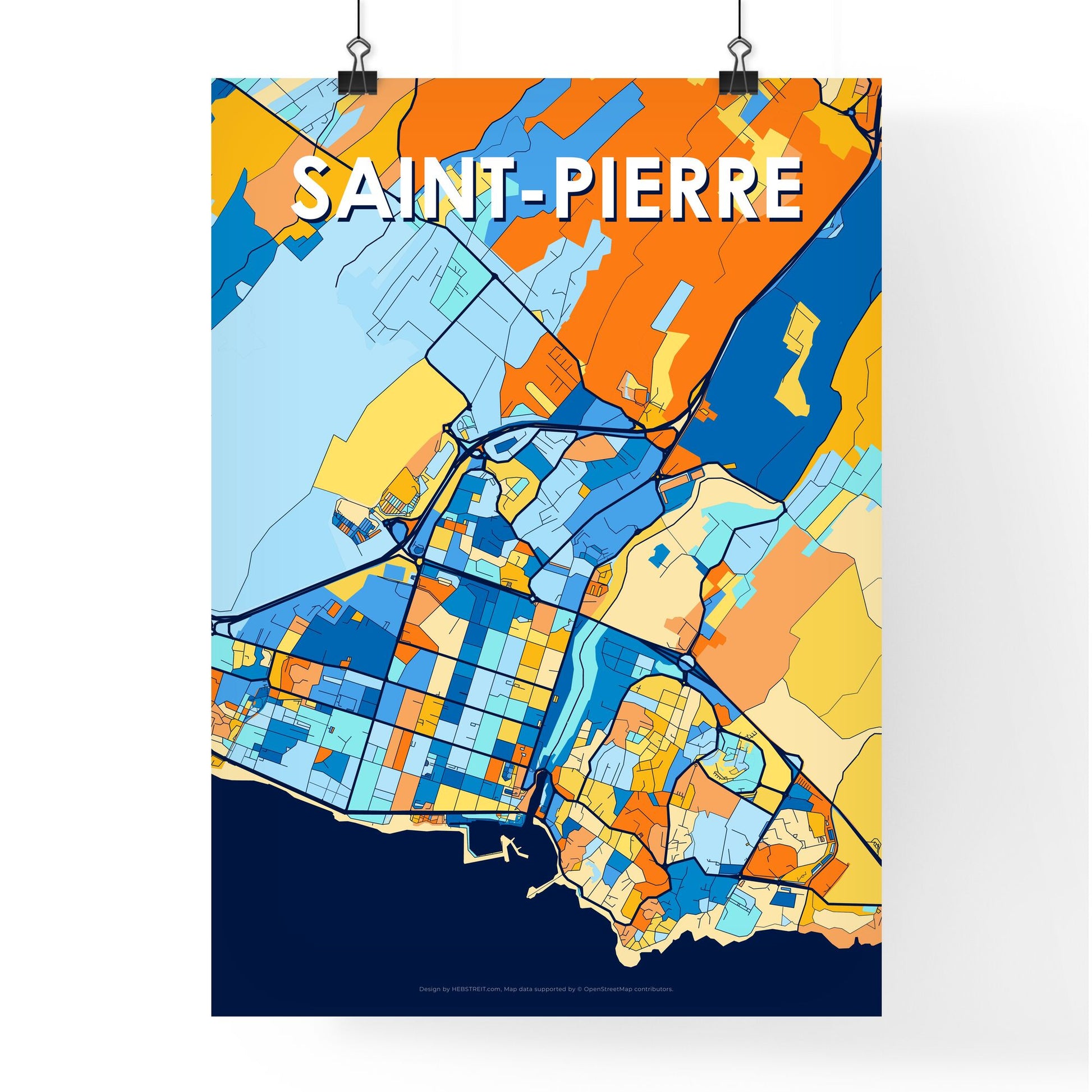 SAINT-PIERRE FRANCE Vibrant Colorful Art Map Poster Blue Orange