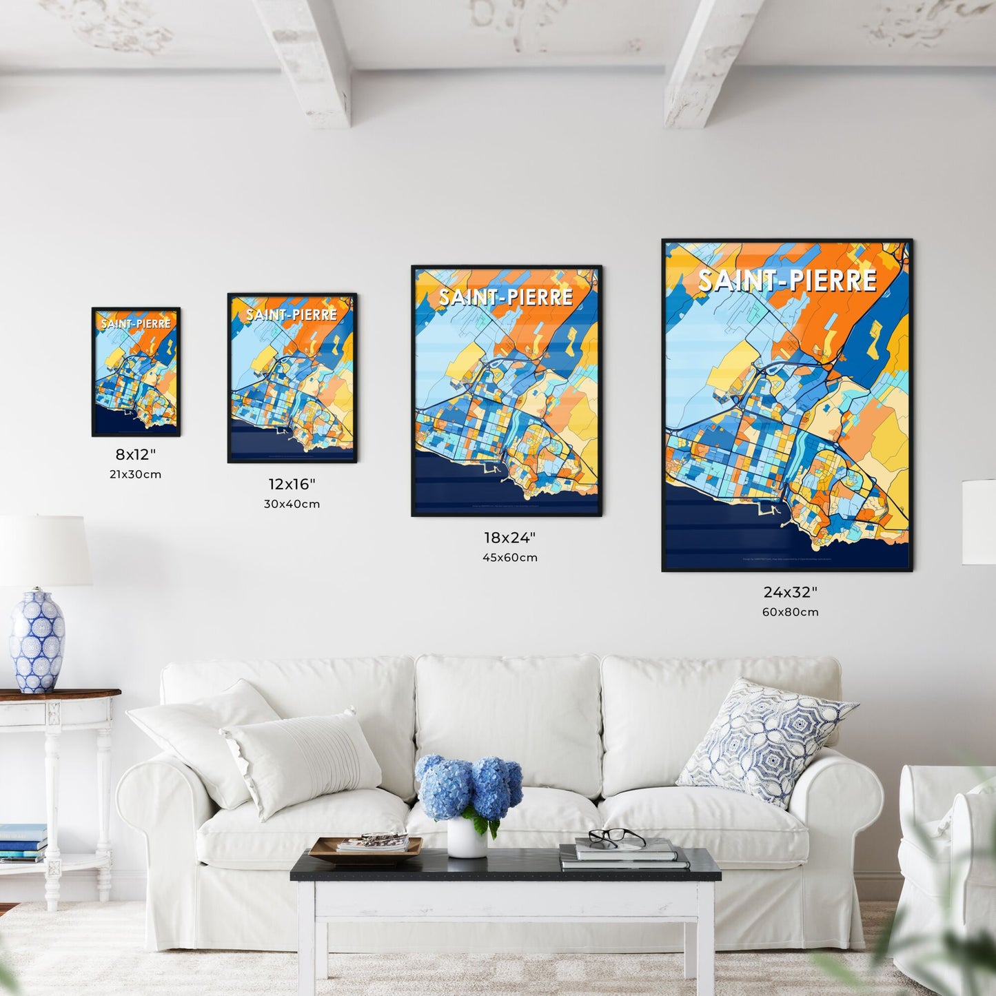 SAINT-PIERRE FRANCE Vibrant Colorful Art Map Poster Blue Orange