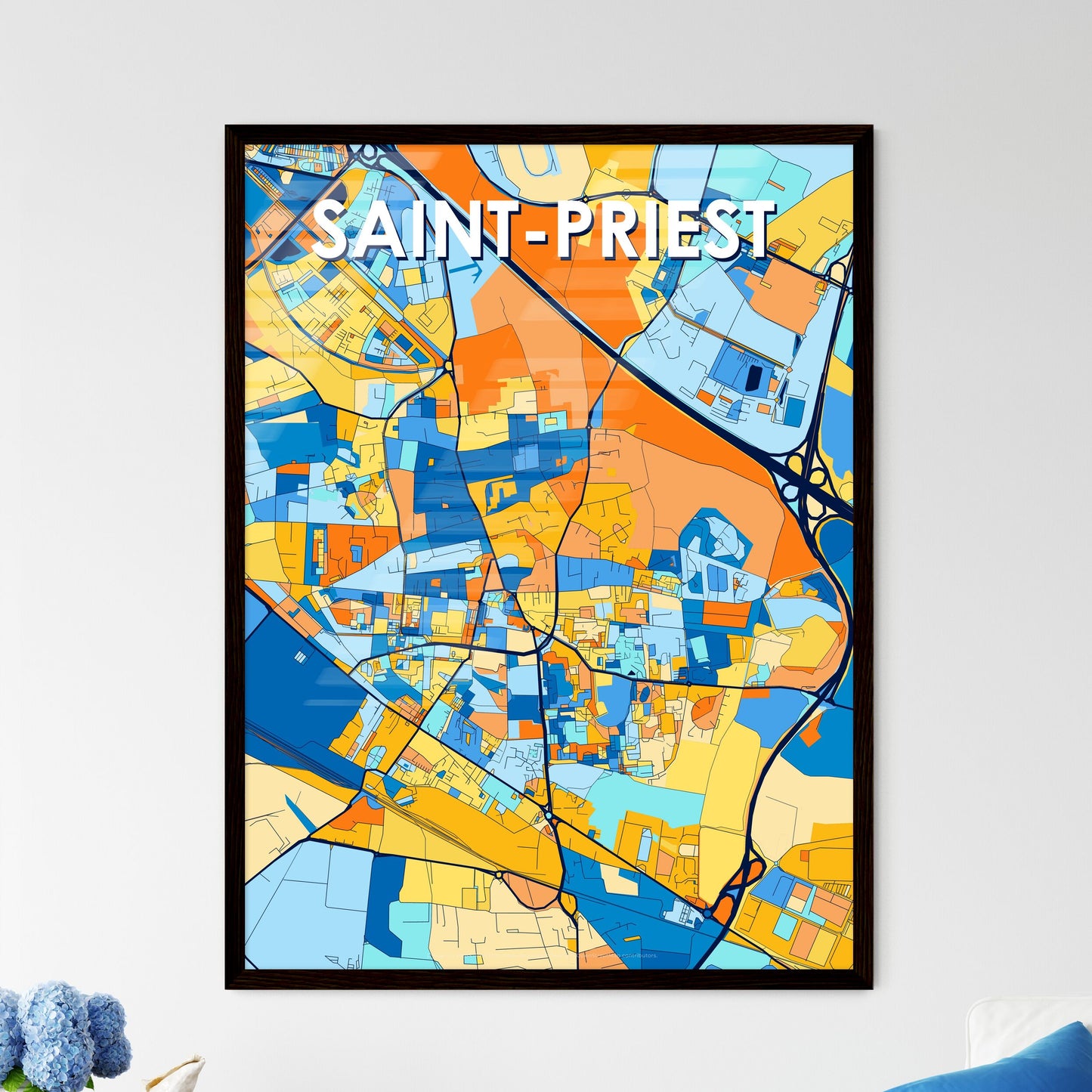 SAINT-PRIEST FRANCE Vibrant Colorful Art Map Poster Blue Orange