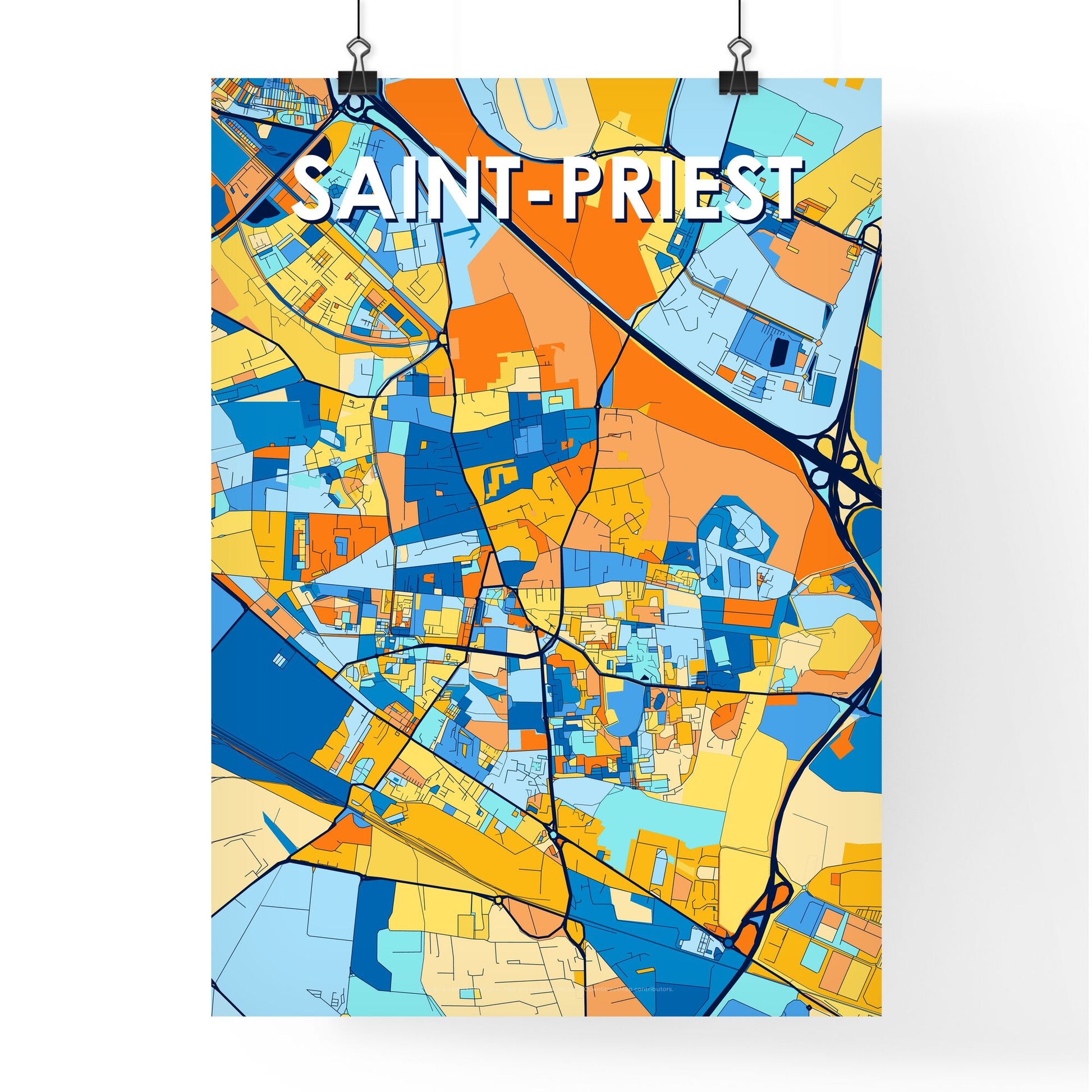 SAINT-PRIEST FRANCE Vibrant Colorful Art Map Poster Blue Orange