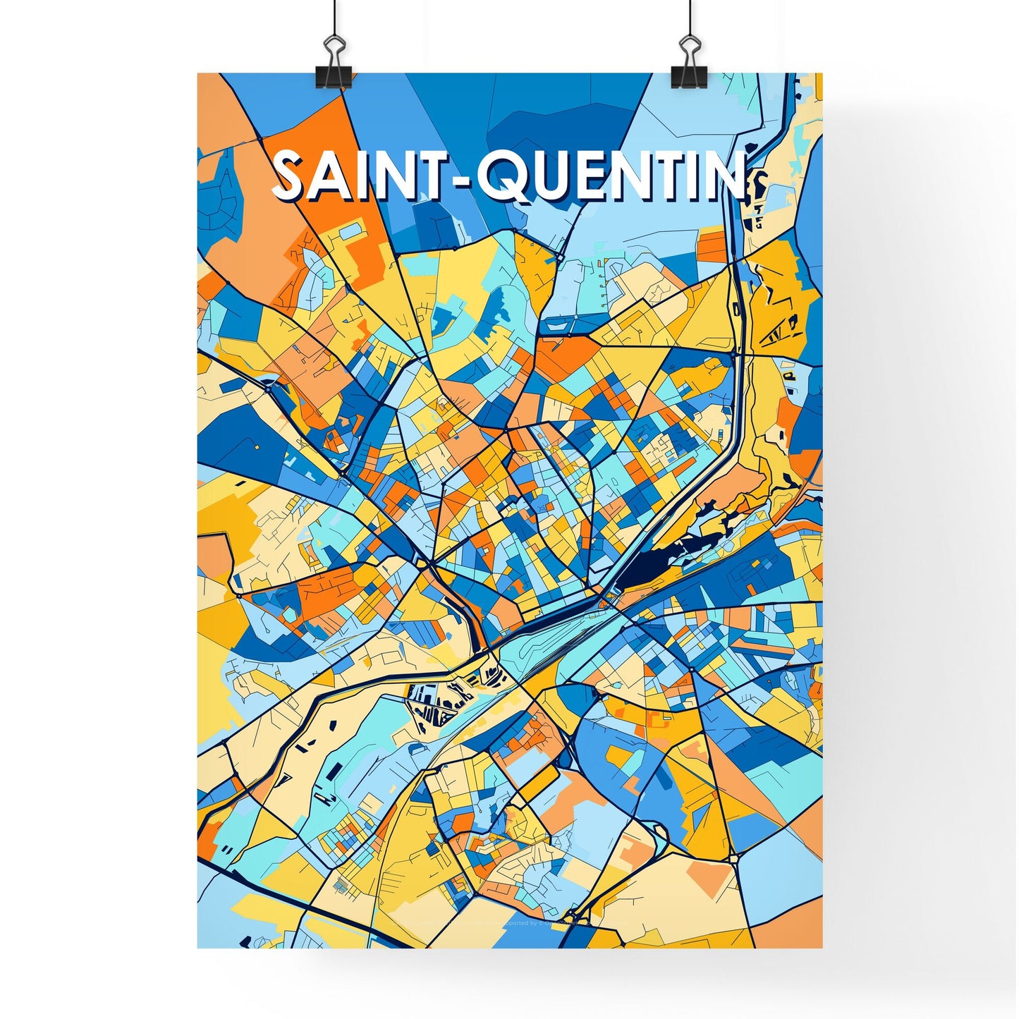 SAINT-QUENTIN FRANCE Vibrant Colorful Art Map Poster Blue Orange