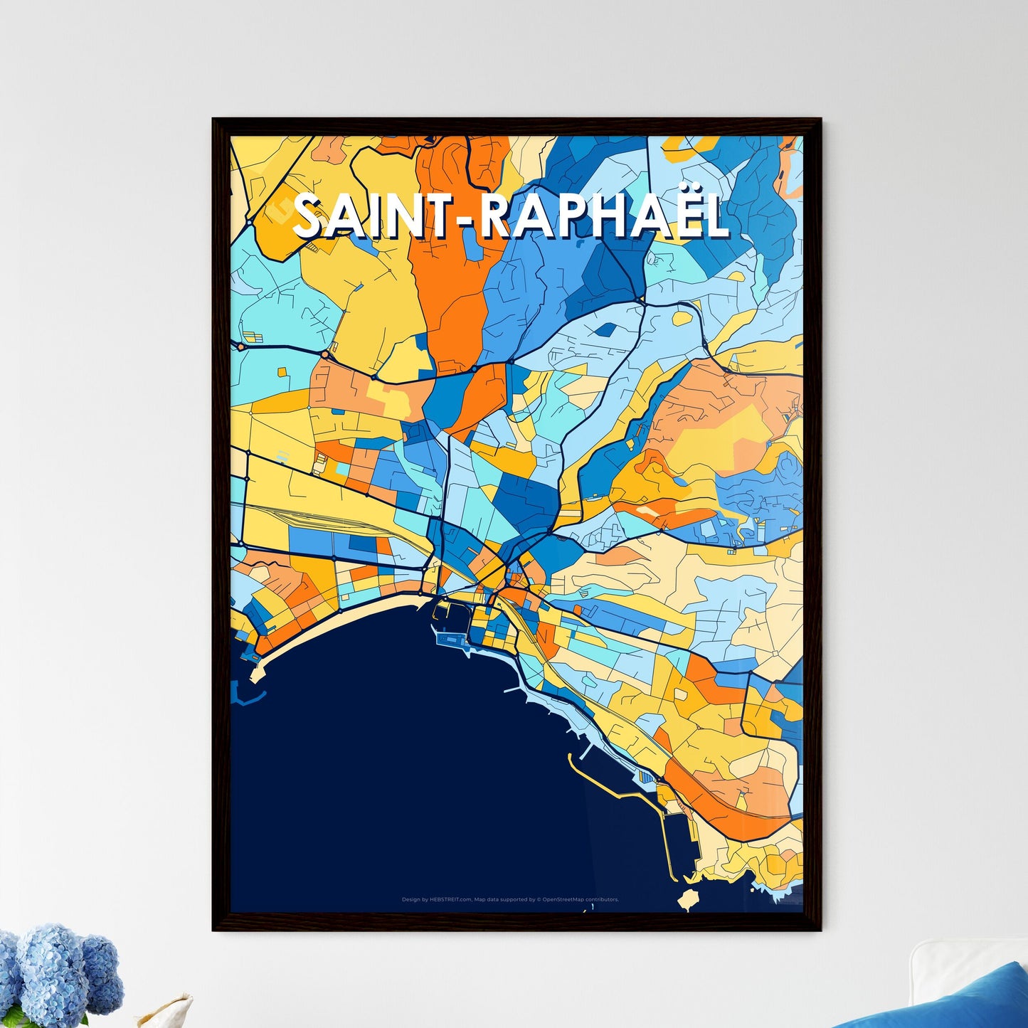 SAINT-RAPHAËL FRANCE Vibrant Colorful Art Map Poster Blue Orange