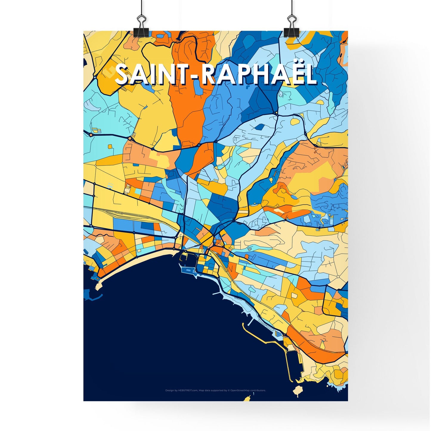 SAINT-RAPHAËL FRANCE Vibrant Colorful Art Map Poster Blue Orange