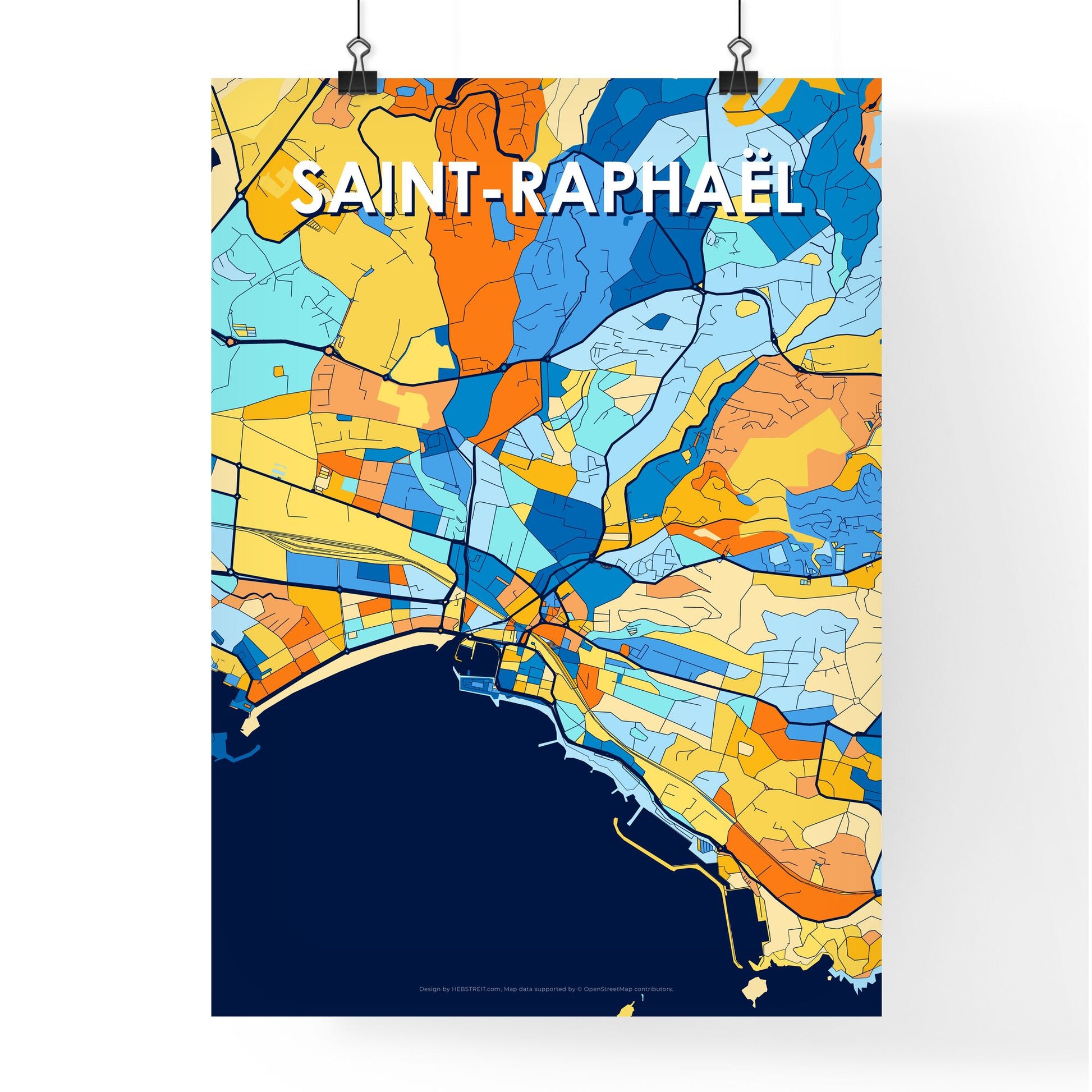 SAINT-RAPHAËL FRANCE Vibrant Colorful Art Map Poster Blue Orange