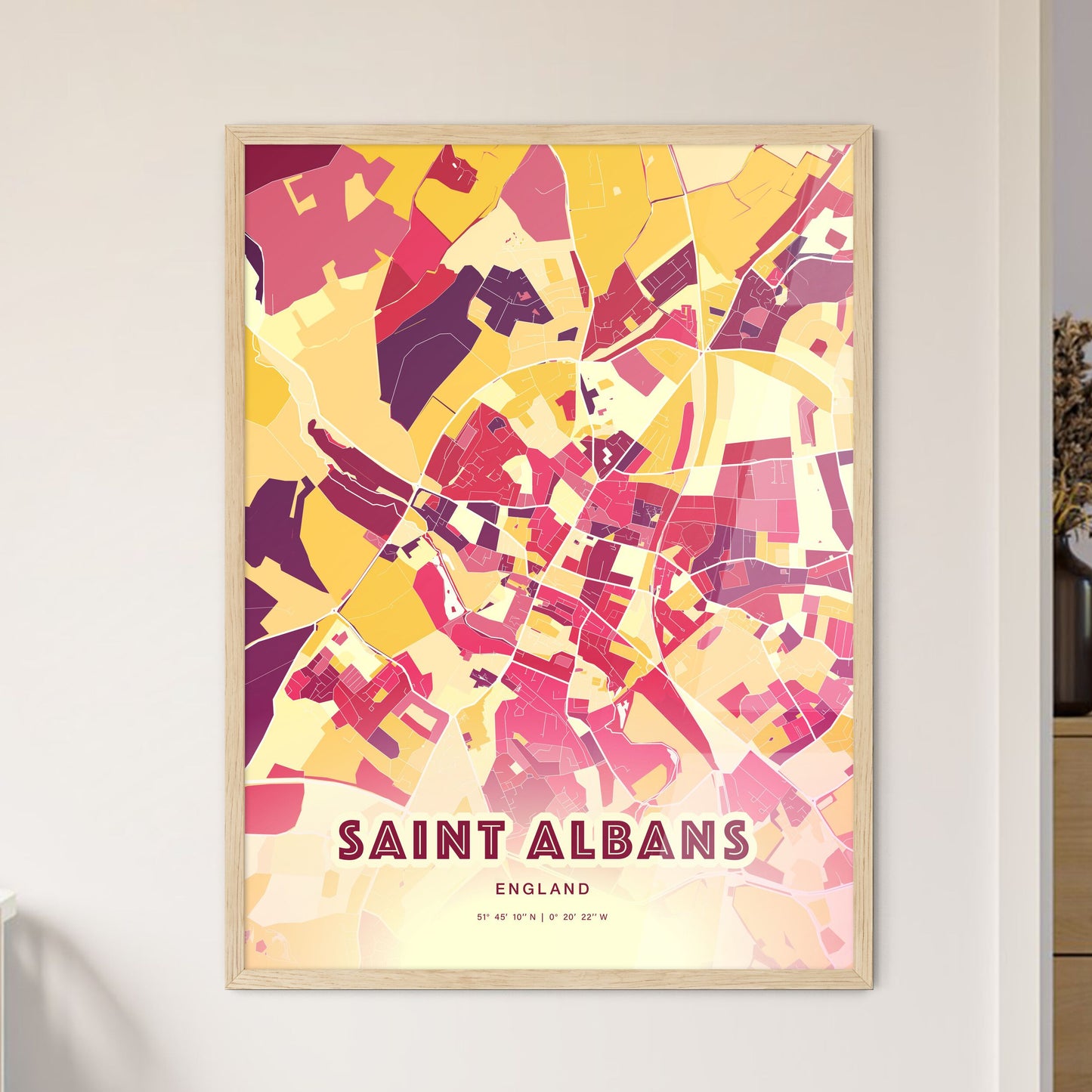 Colorful Saint Albans England Fine Art Map Hot Red