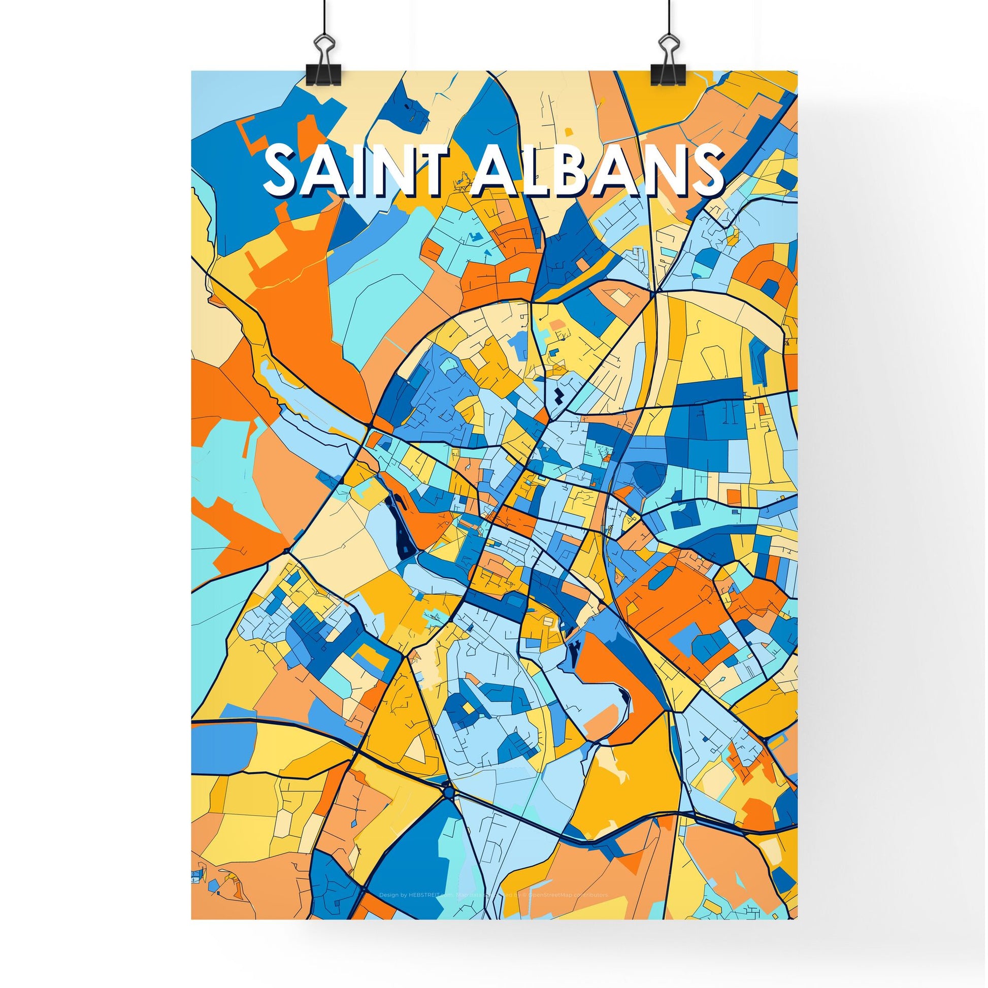 SAINT ALBANS ENGLAND Vibrant Colorful Art Map Poster Blue Orange