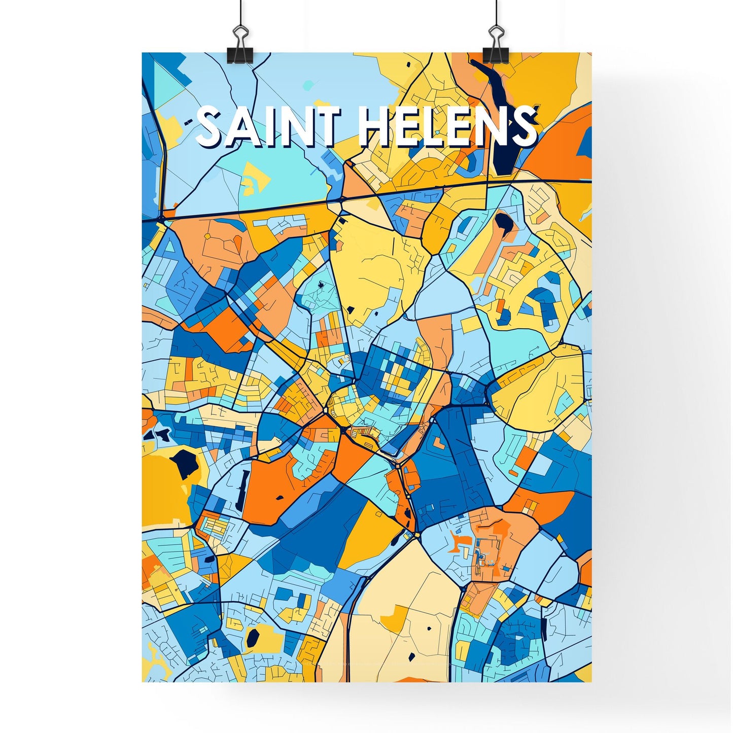 SAINT HELENS ENGLAND Vibrant Colorful Art Map Poster Blue Orange