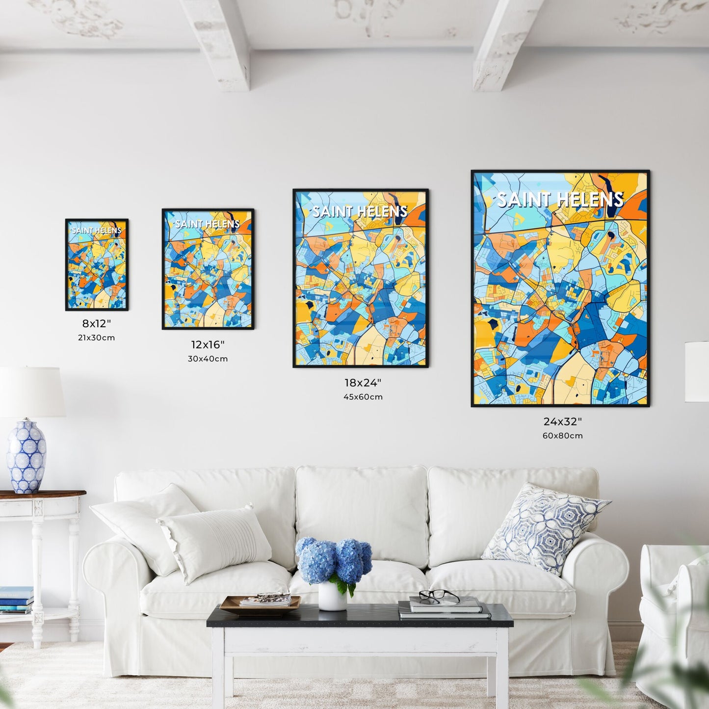 SAINT HELENS ENGLAND Vibrant Colorful Art Map Poster Blue Orange